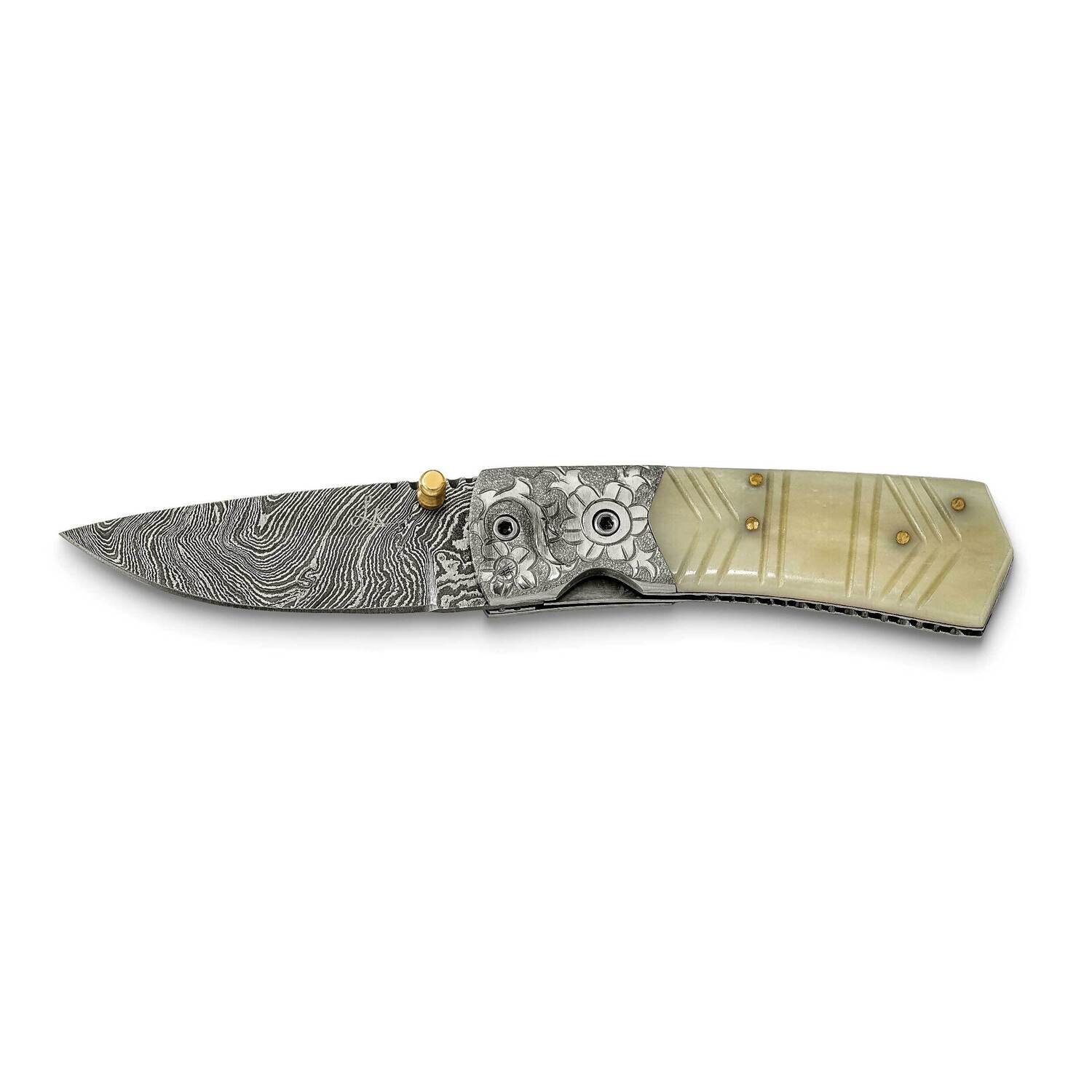 Damascus Steel 256 Layer Folding Carved Camel Bone Handle Knife KN3218, MPN: KN3218, 191101910593