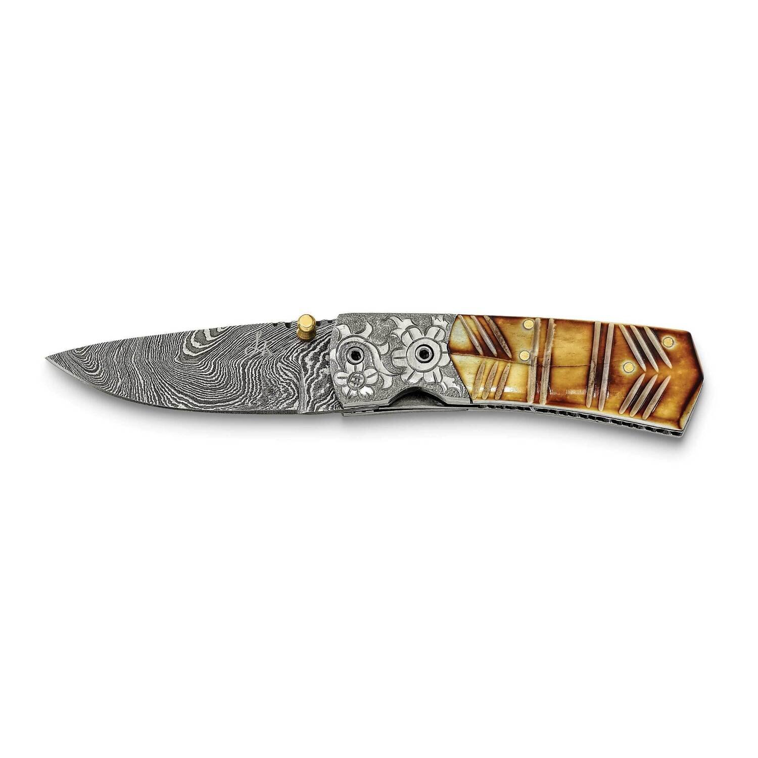 Damascus Steel 256 Layer Folding Dyed&amp;Carved Camel Bone Handle Knife KN3221, MPN: KN3221, 191101910…