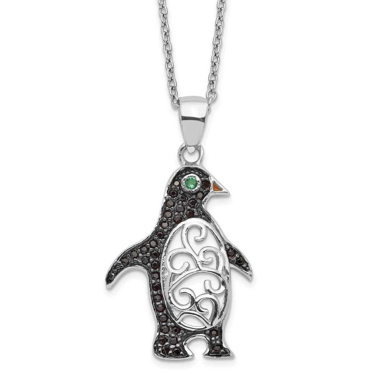 Cheryl M Black B&W CZ Diamond Green Glass Penguin Necklace Sterling Silver Rhodium-plated QCM1447-18.25