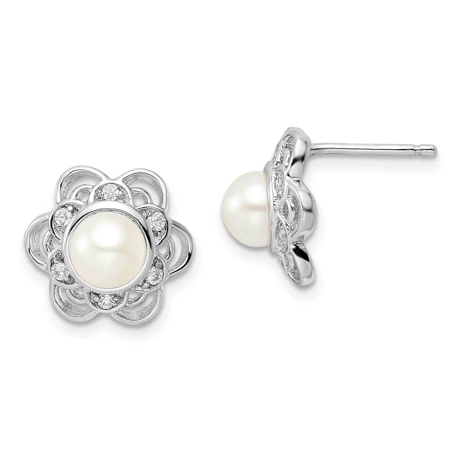 Cheryl M Fw Cultured Pearl Floral Design Post Earrings Sterling Silver Rhodium-plated QCM1469