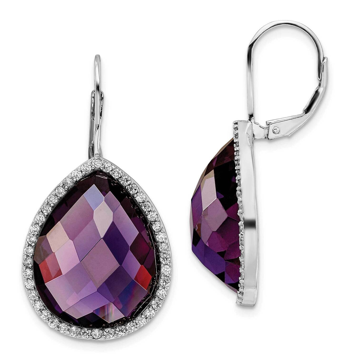 Cheryl M Large Purple CZ Diamond Checked Pear CZ Diamond Earrings Sterling Silver Rhodium-plated QCM1471