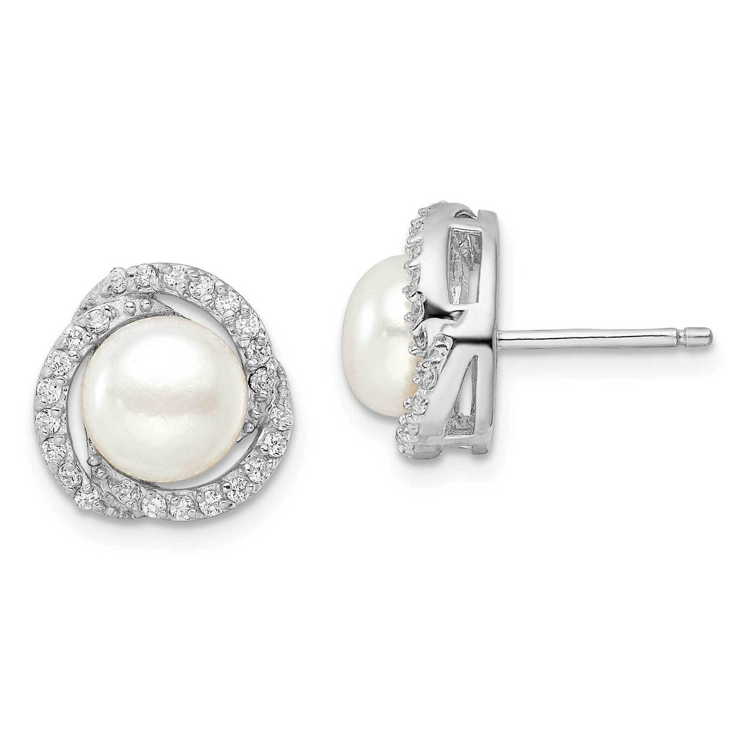 Cheryl M White Fw Cultured Pearl CZ Diamond Love Knot Earrings Sterling Silver Rhodium-plated QCM1473