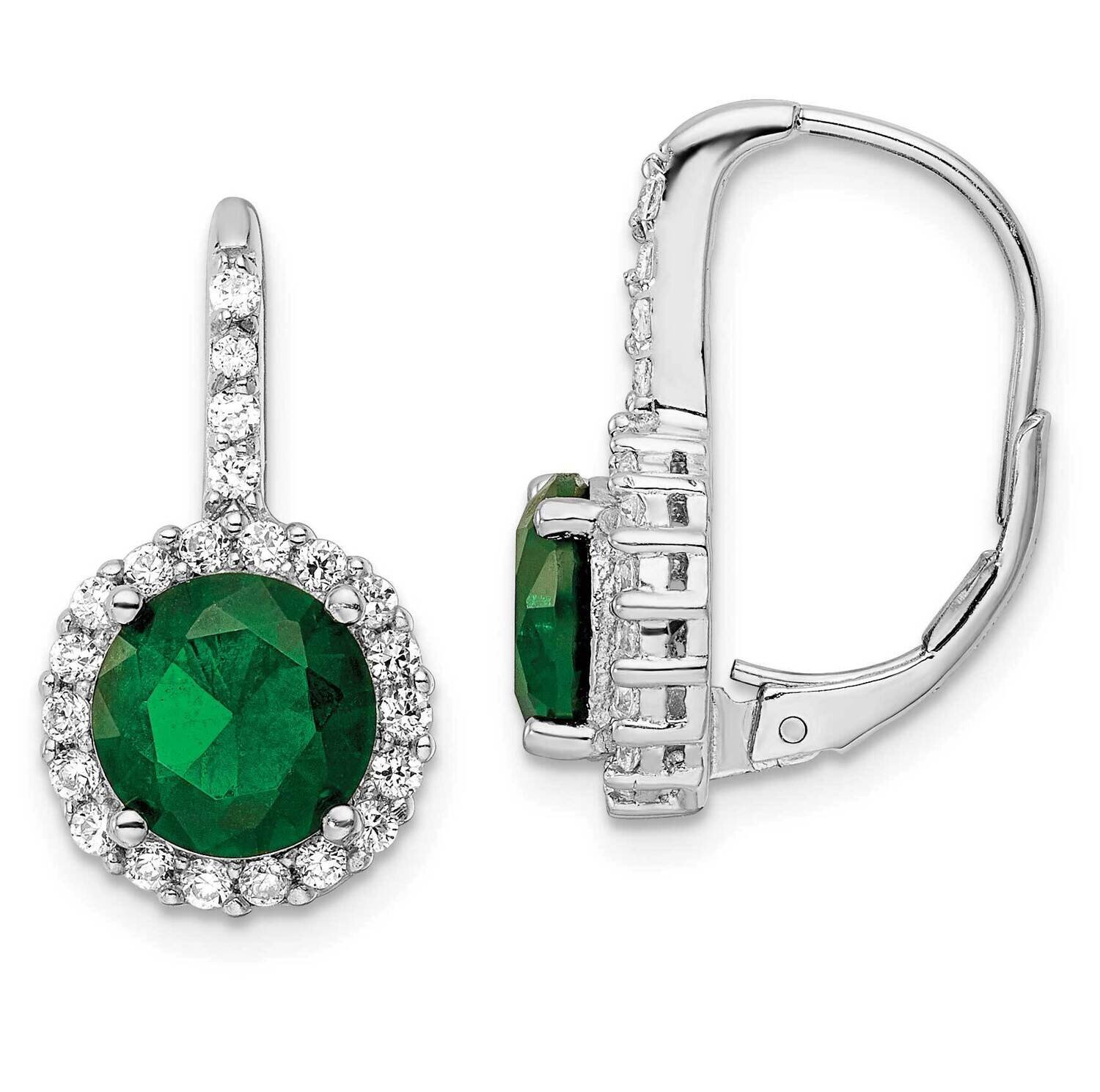 Cheryl Msimulated Emerald Center & CZ Diamond Leverback Earrings Sterling Silver Rhodium-plated QCM1480