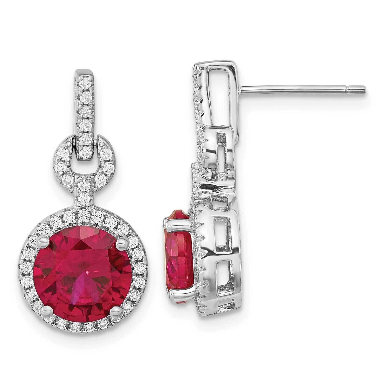 Cheryl M Lab Created Ruby CZ Diamond Post Dangle Earrings Sterling Silver Rhodium-plated QCM1517