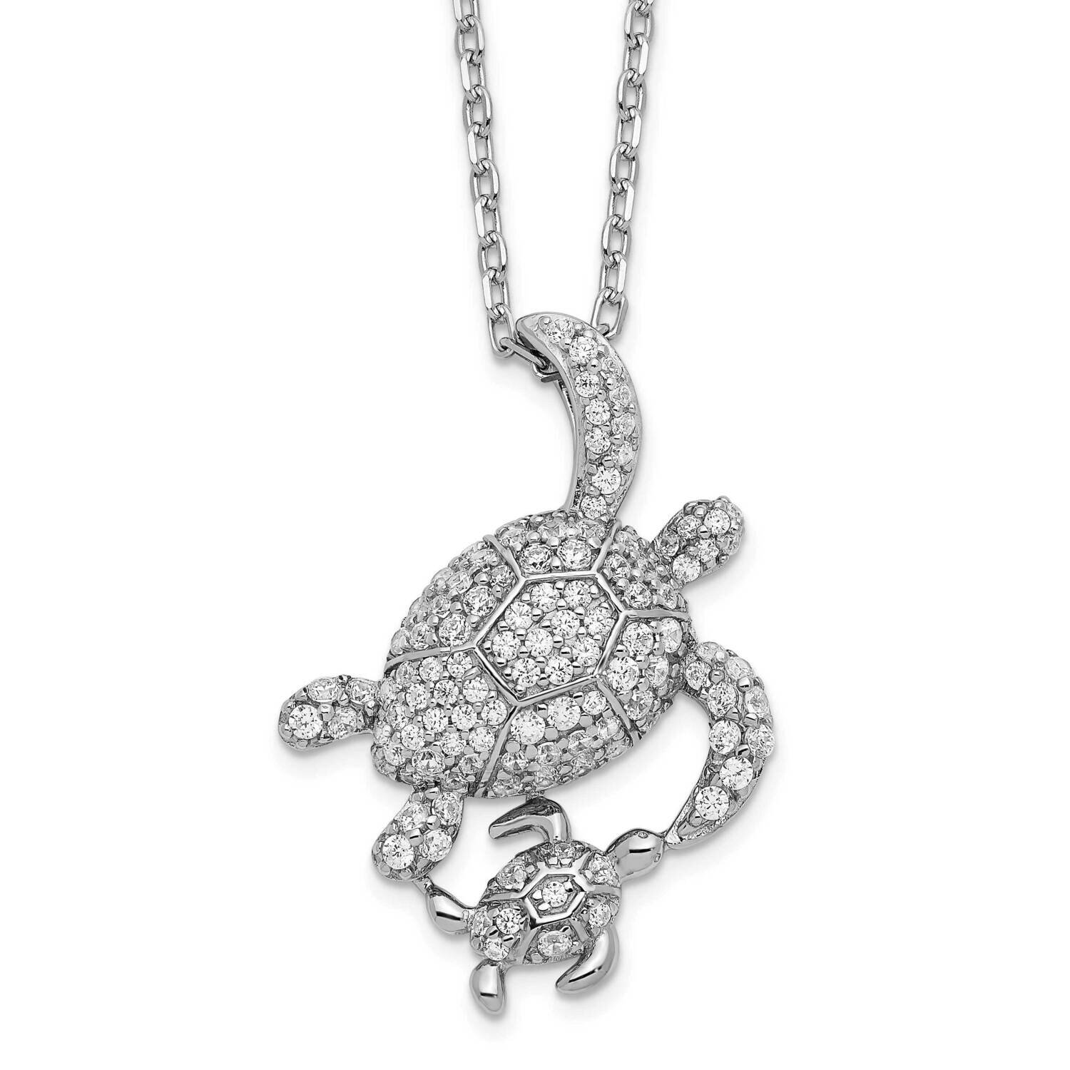 Cheryl M Rhodium-Plated CZ Diamond with 2 Inch Ext. Turtles Necklace Sterling Silver QCM1543-16