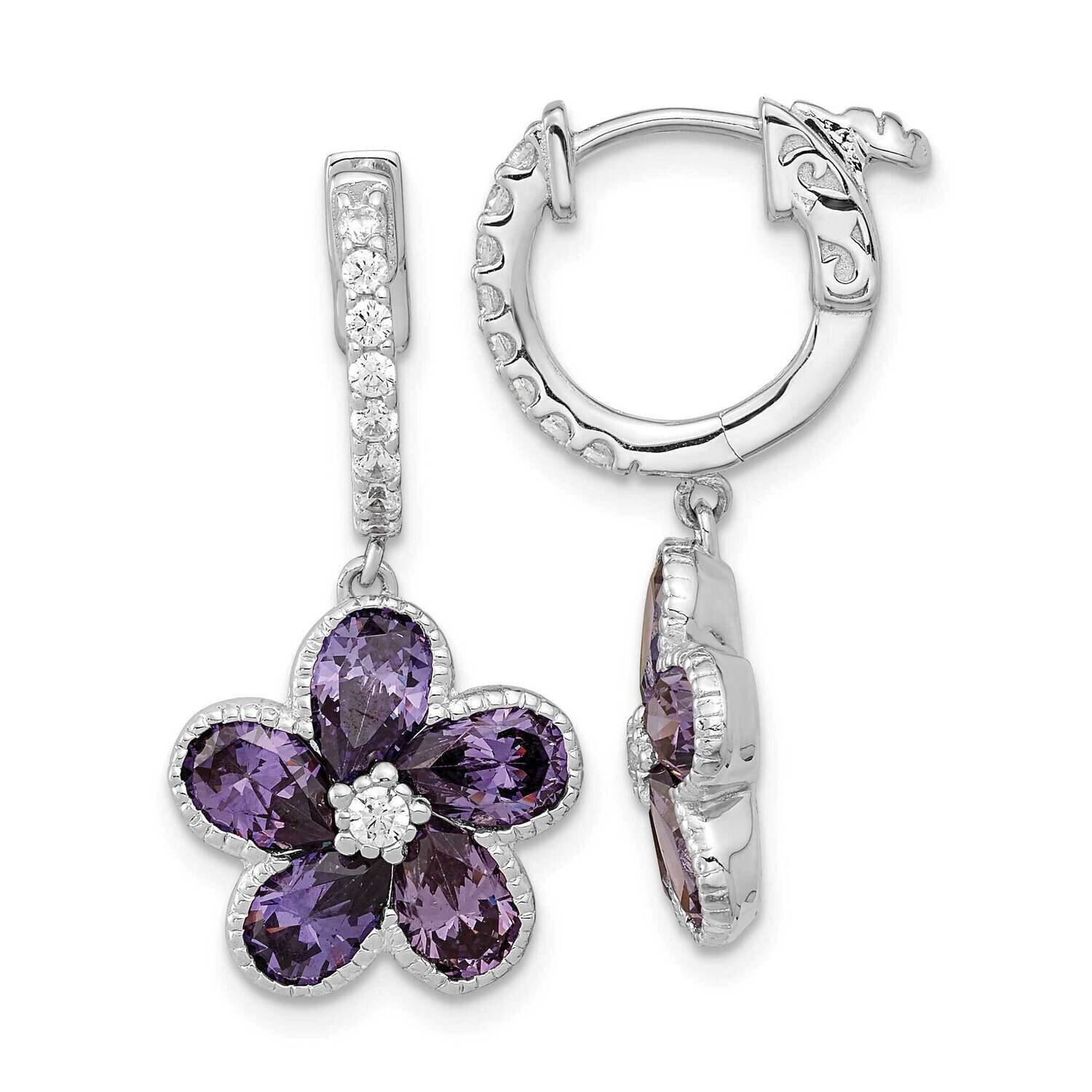 Cheryl M Purple CZ Diamond Flower Hinged Hoop Dangle Earrings Sterling Silver Rhodium-plated QCM1561