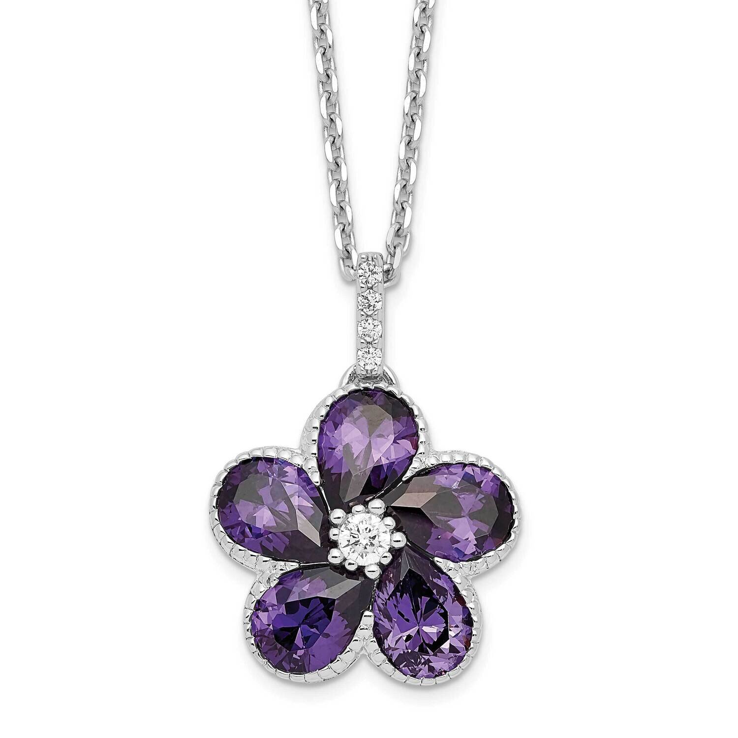 Cheryl M Purple CZ Diamond Flower with 2 Inch Ext. Necklace Sterling Silver Rhodium-plated QCM1562-16