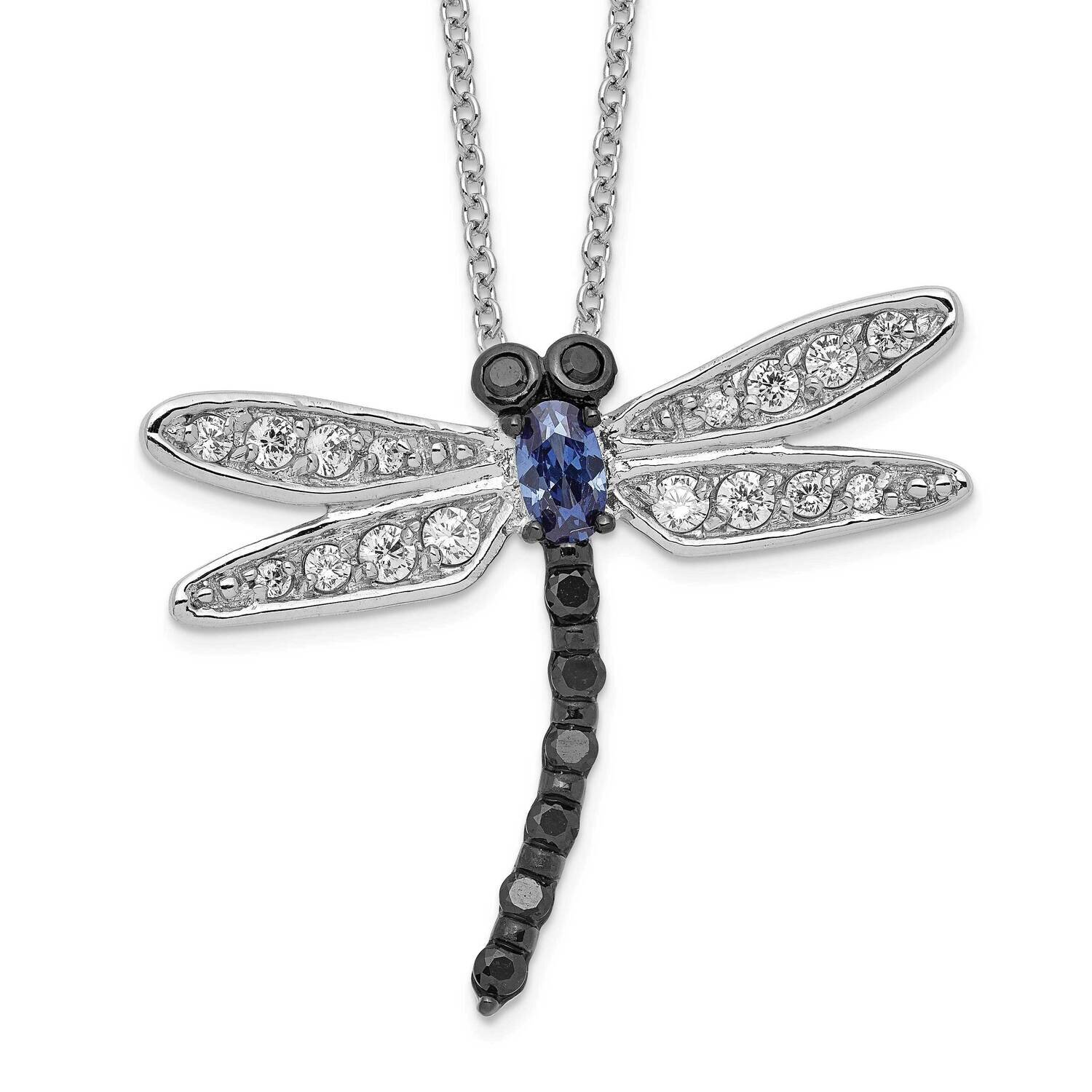 Cheryl M White Black Blue CZ Diamond DragoNFLy Necklace Sterling Silver Rhodium-plated QCM799-18