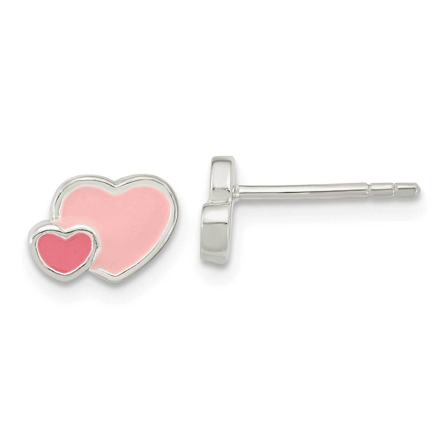 Pink Hot Pink Enamel Double Heart Post Earrings Sterling Silver QE16594, MPN: QE16594, 196904166888