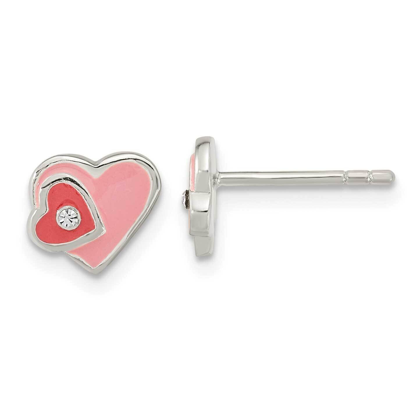 Pink Hot Pink Enamel CZ Diamond Double Heart Post Earrings Sterling Silver QE16595, MPN: QE16595, 1…