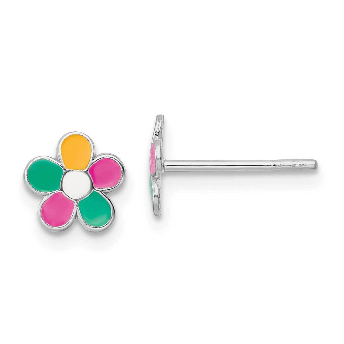 Enamel Kids Flower Post Earrings Sterling Silver Rhodium-plated QE16608, MPN: QE16608, 191101783685