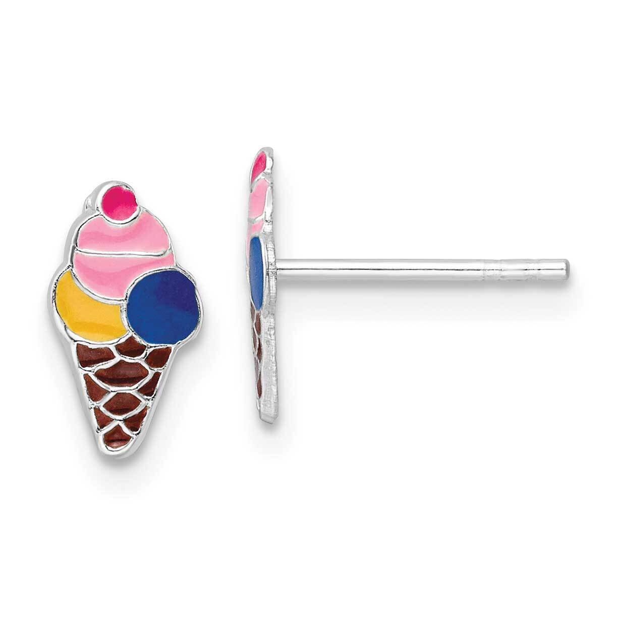 Enamel Kids Ice Cream Cone Post Earrings Sterling Silver Rhodium-plated QE16610