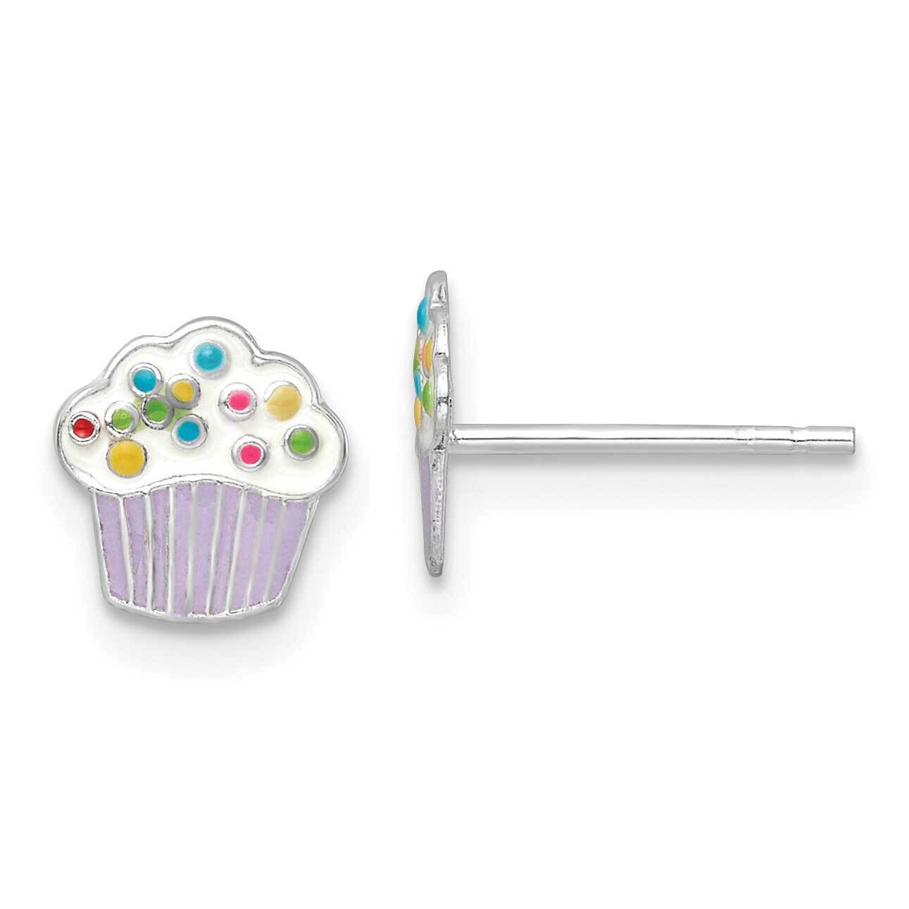 Enamel Kids Cupcake Post Earrings Sterling Silver Rhodium-plated QE16611