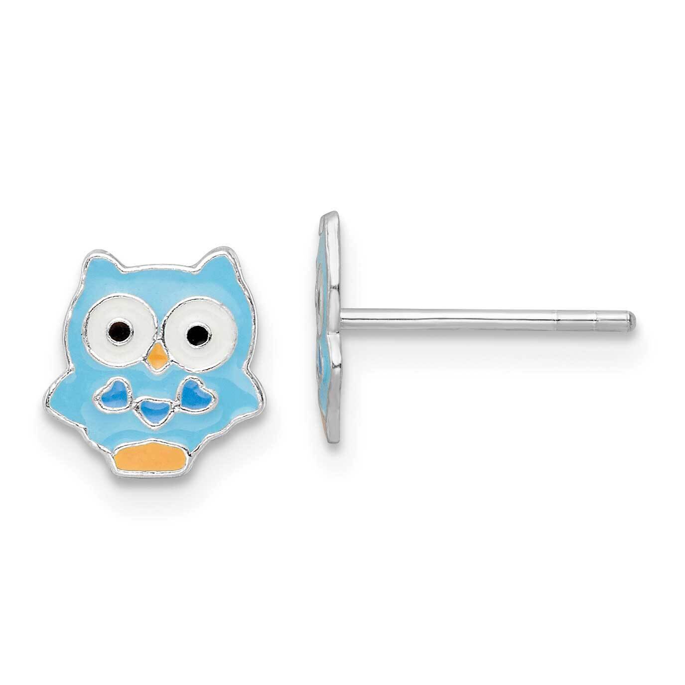 Enamel Kids Blue Owl Post Earrings Sterling Silver Rhodium-plated QE16616