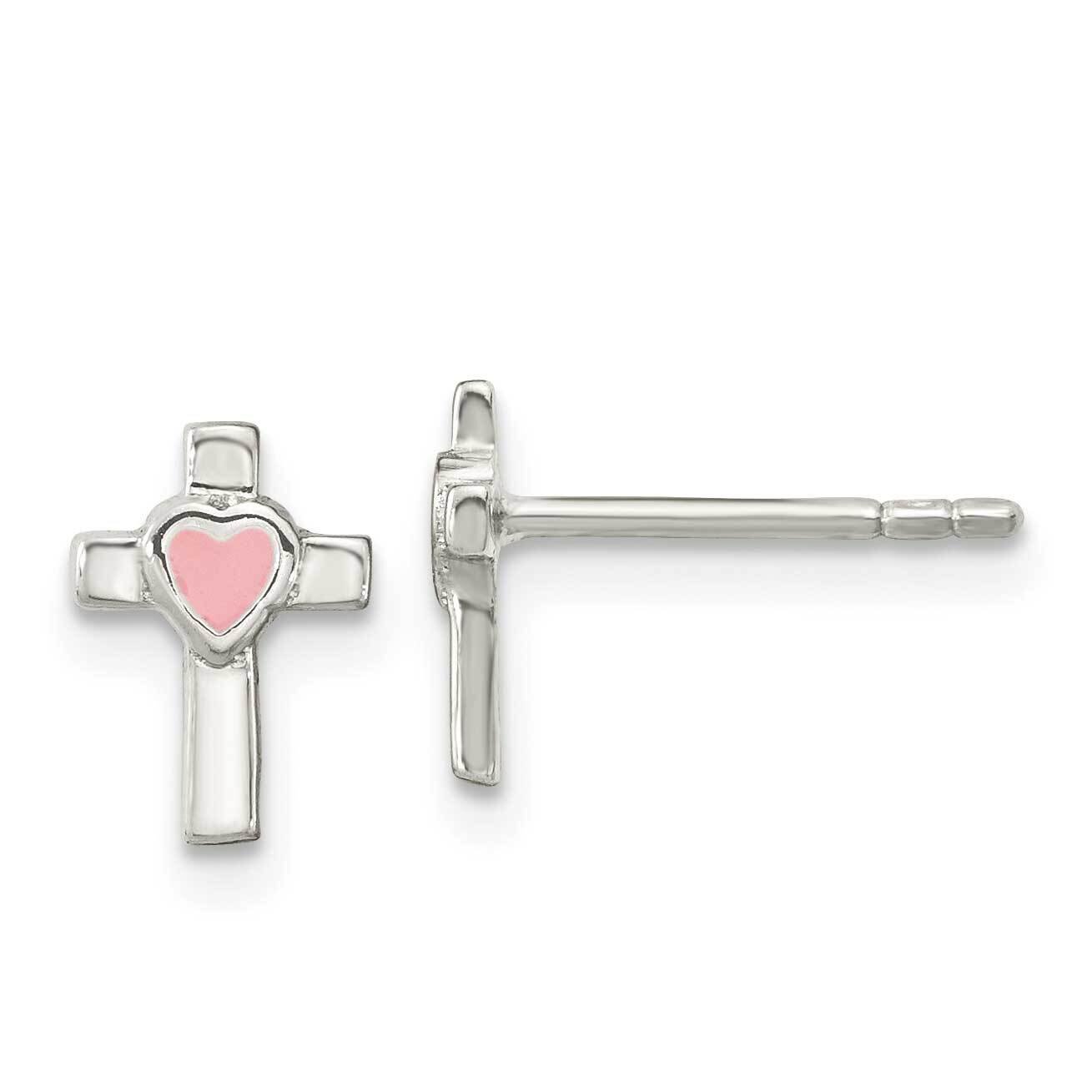 Cross Pink Enamel Heart Post Earrings Sterling Silver QE16639