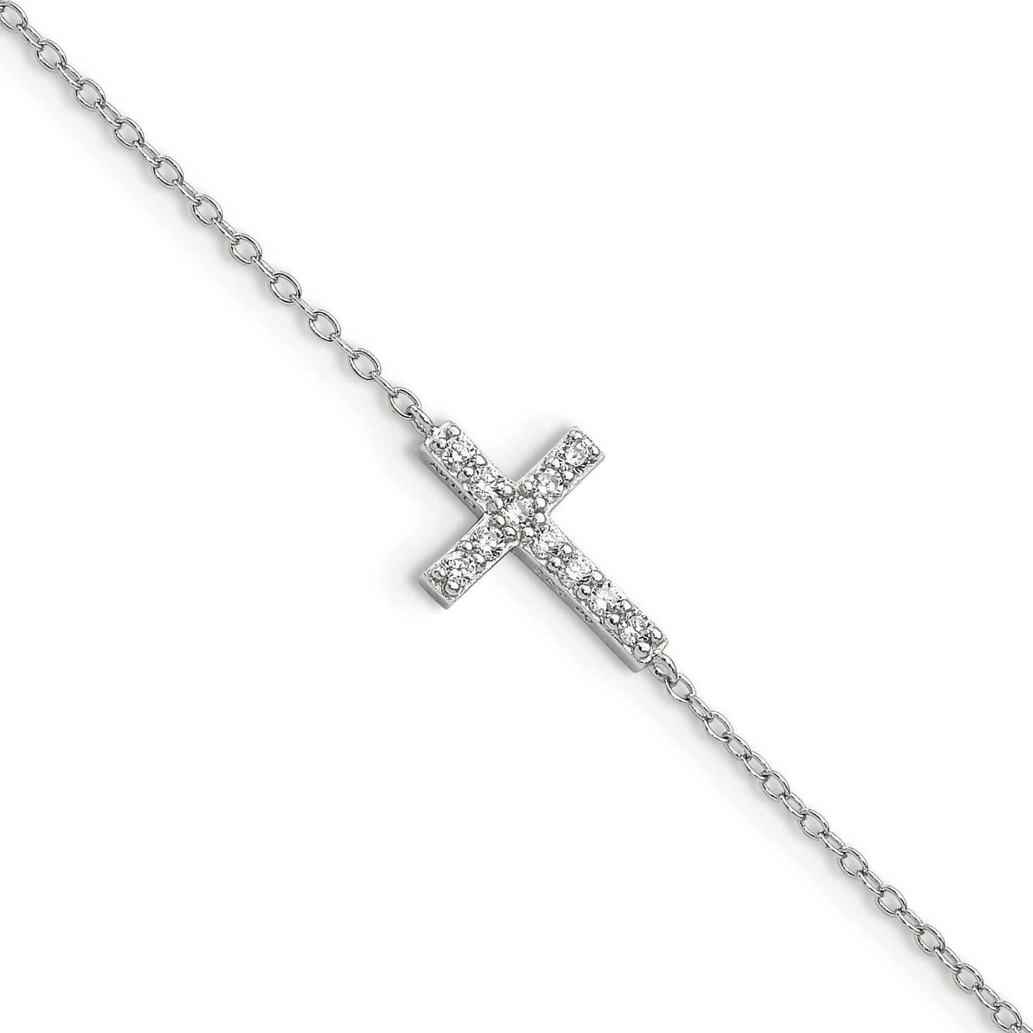 CZ Diamond Sideways Cross W 1 Inch Extender Bracelet 7 Inch Sterling Silver QG3470-7, MPN: QG3470-7…