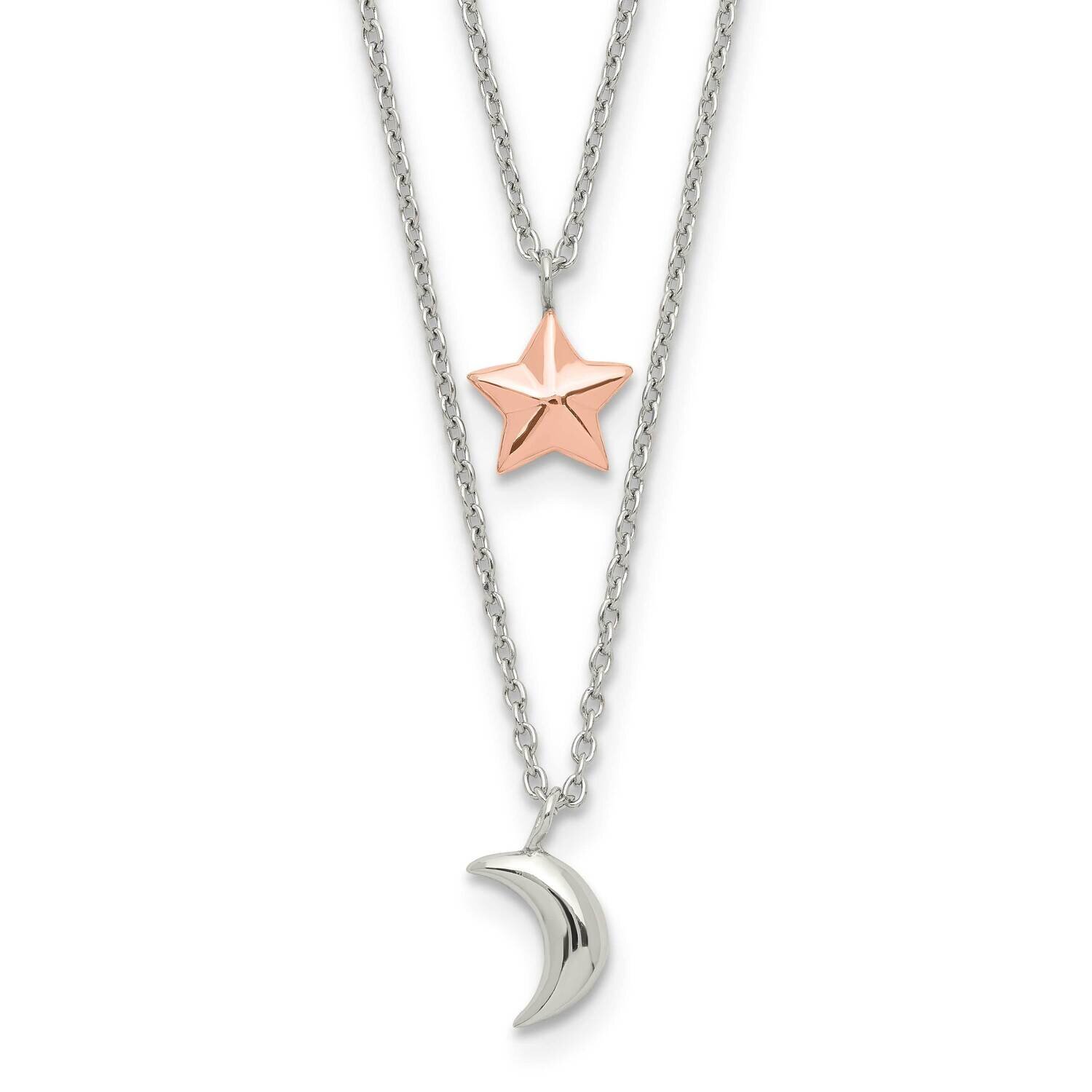 2-Strand Moon and Star with 1 Inch Extender Necklace Sterling Silver Rose-tone QG5488-17.5