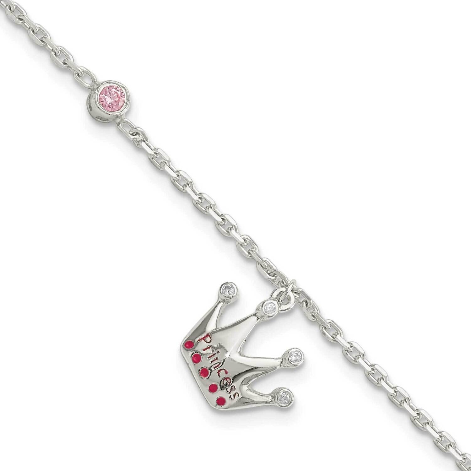 Kids Pink CZ Diamond Enameled Princess Crown Bracelet 6 Inch Sterling Silver QG6216-6