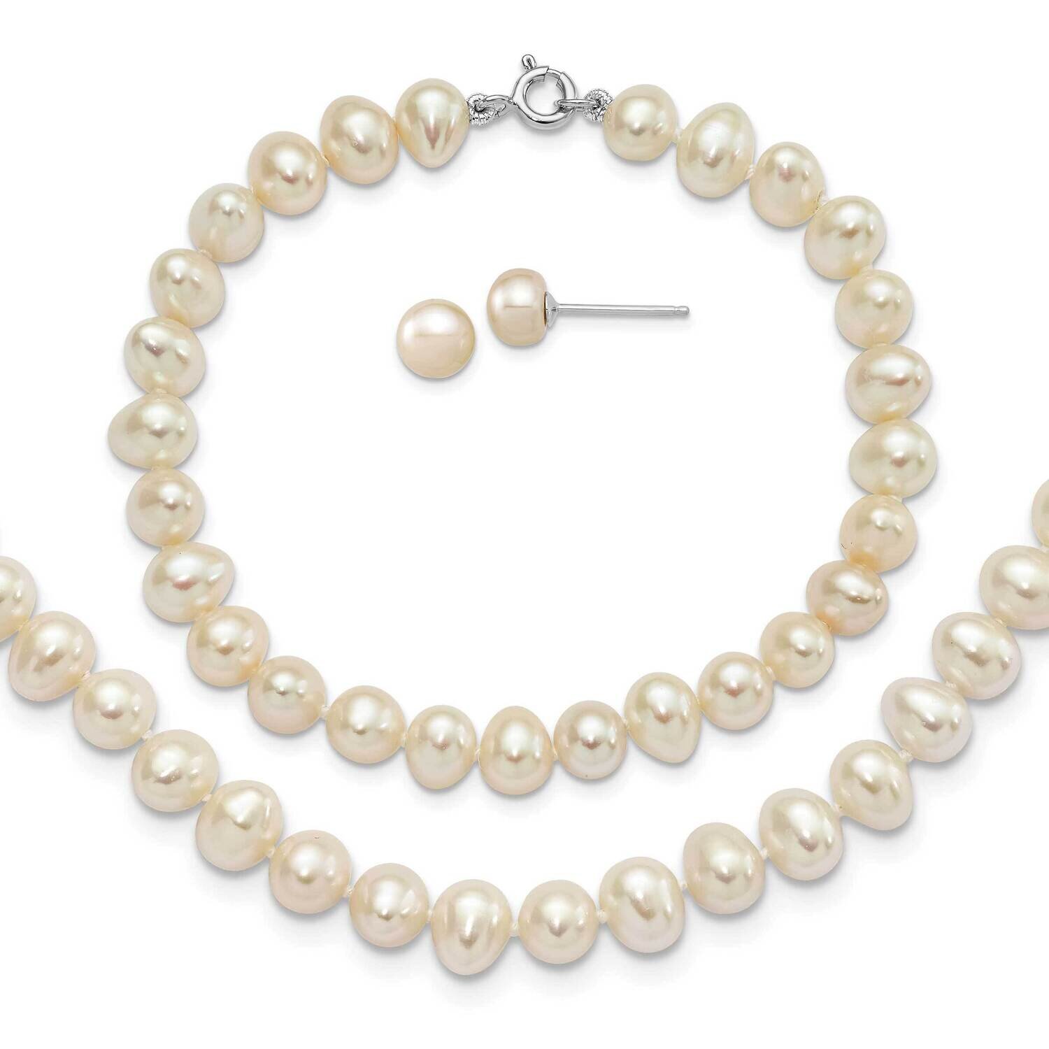 6-7mm Cultured Freshwater Pearl Necklace 7.25 Brace &amp; 1Pc Earring Set Sterling Silver Rhodium-plate…