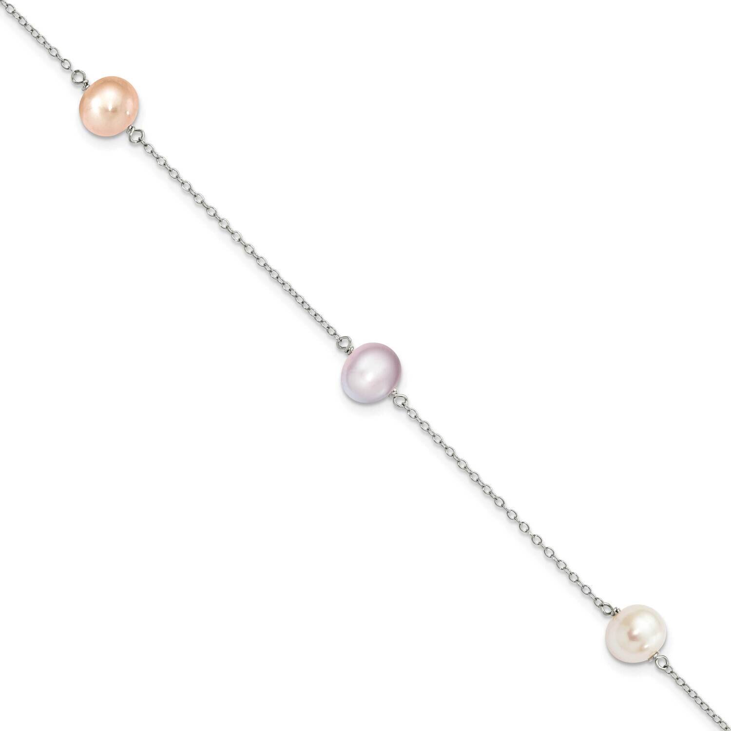 3-Stat 7-8M White/Pink/Pur Semi-Round Cultured Freshwater Pearl Bracelet 7.5 Inch Sterling Silver Rhodium-plated QH5419-7.5