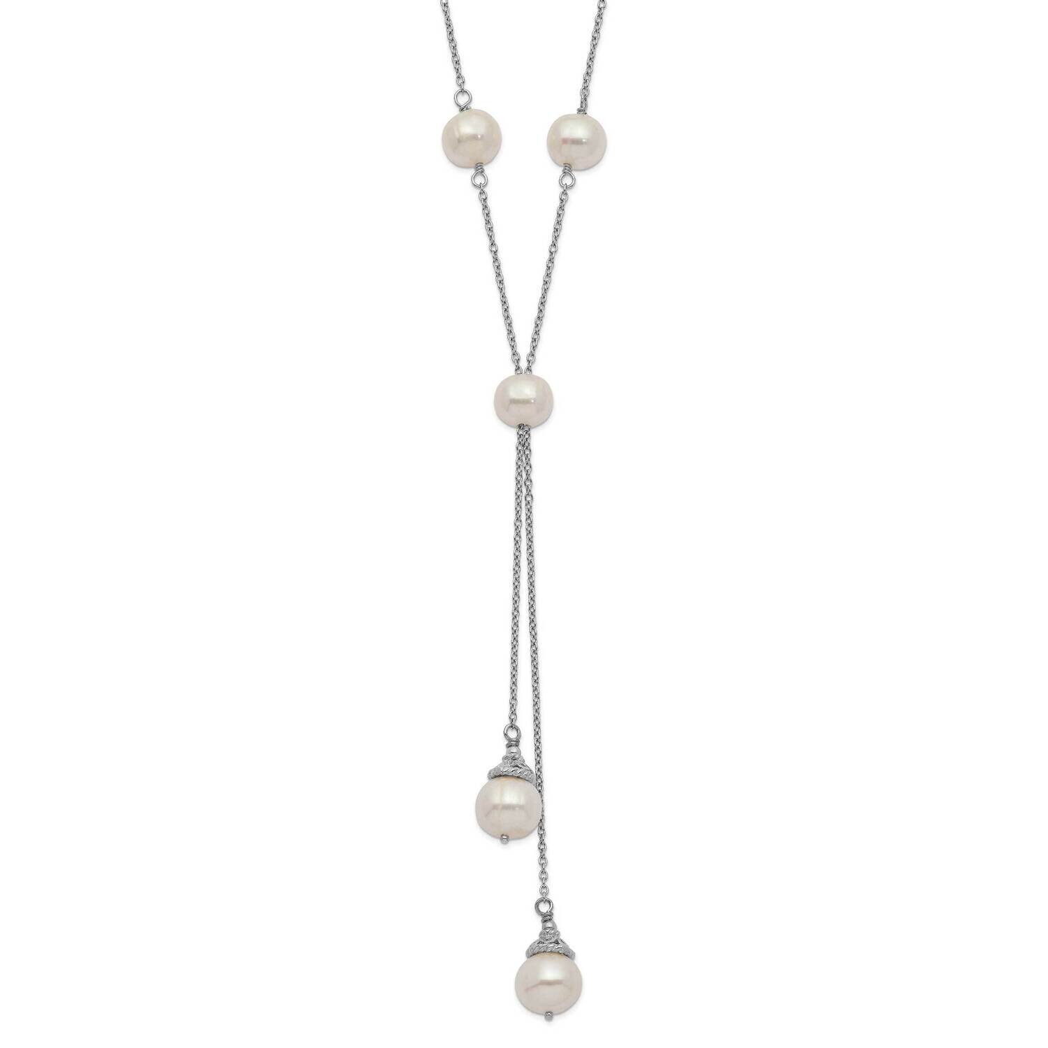 White Cultured Freshwater Pearl 9 Station 2 Drop 2 Inch Extender Necklace Sterling Silver Rhodium-p…