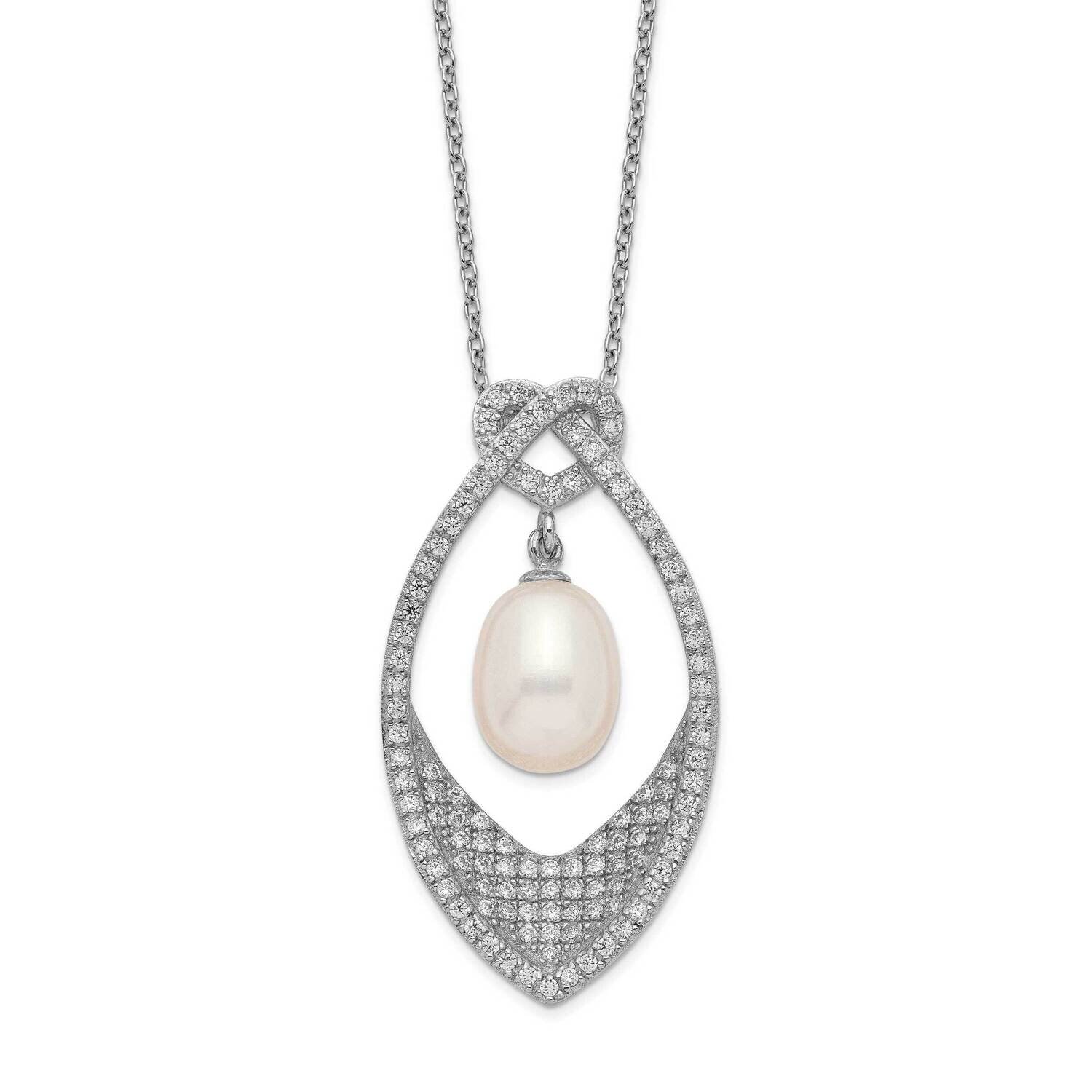 8-9mm White Rice Cultured Freshwater Pearl CZ Diamond Necklace Sterling Silver Rhodium-plated QH550…