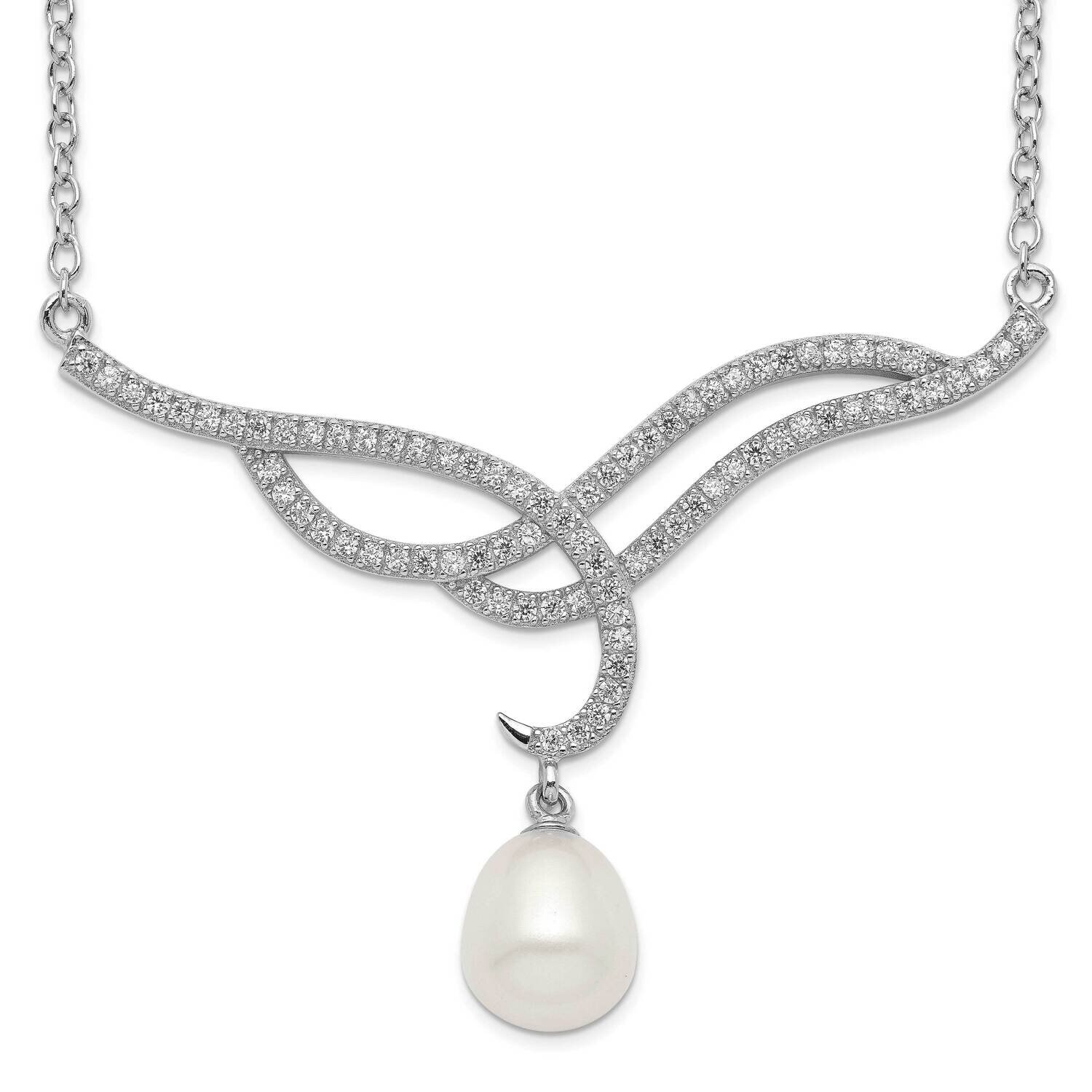 8-9mm White Rice Cultured Freshwater Pearl CZ Diamond Necklace Sterling Silver Rhodium-plated QH553…