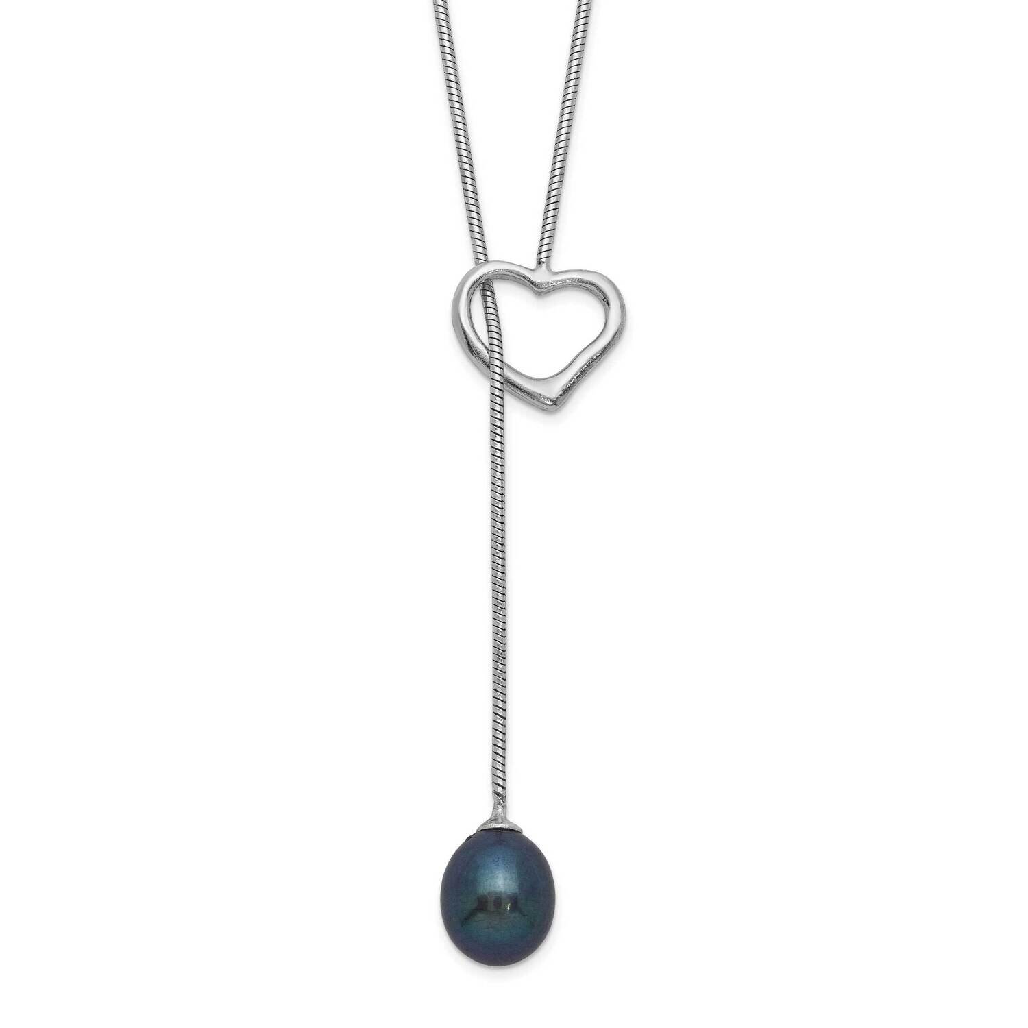 7-8mm Black Rice Cultured Freshwater Pearl Heart Necklace Sterling Silver Rhodium-plated QH5557-20