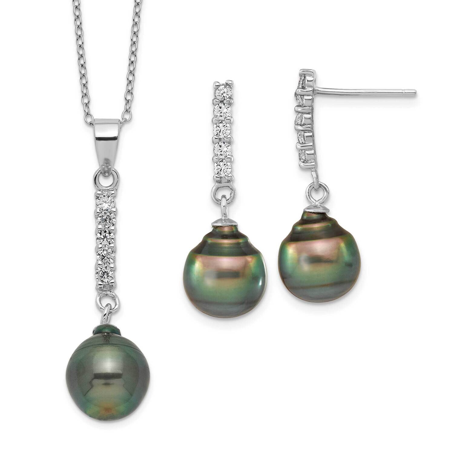9-10mm Tahitian Saltwater Pearl CZ Diamond Ear &amp; Neck Set Sterling Silver Rhodium-plated QH5613SET,…