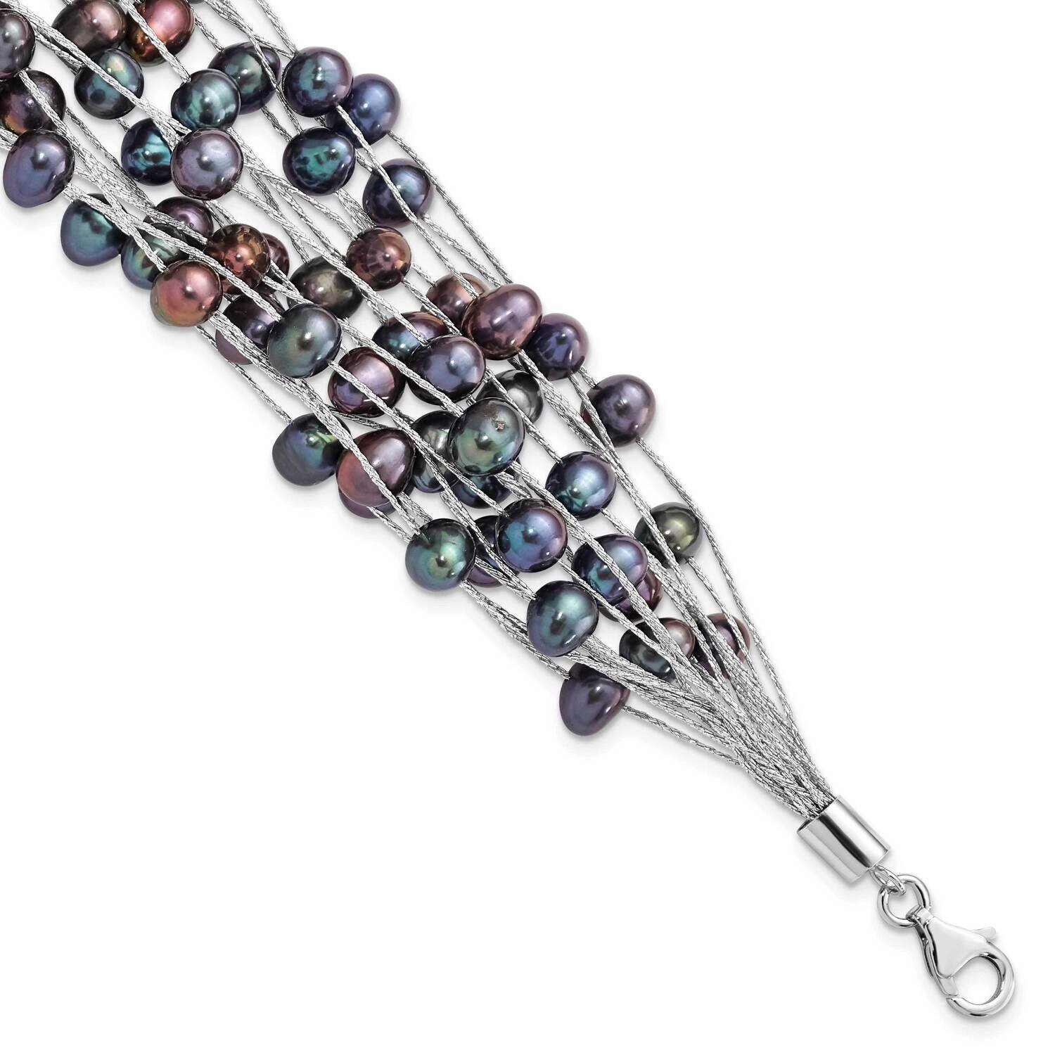 6-7mm Black Off-Round Cultured Freshwater Pearl Multi-Strand Bracelet 7.5 Inch Sterling Silver Rhod…