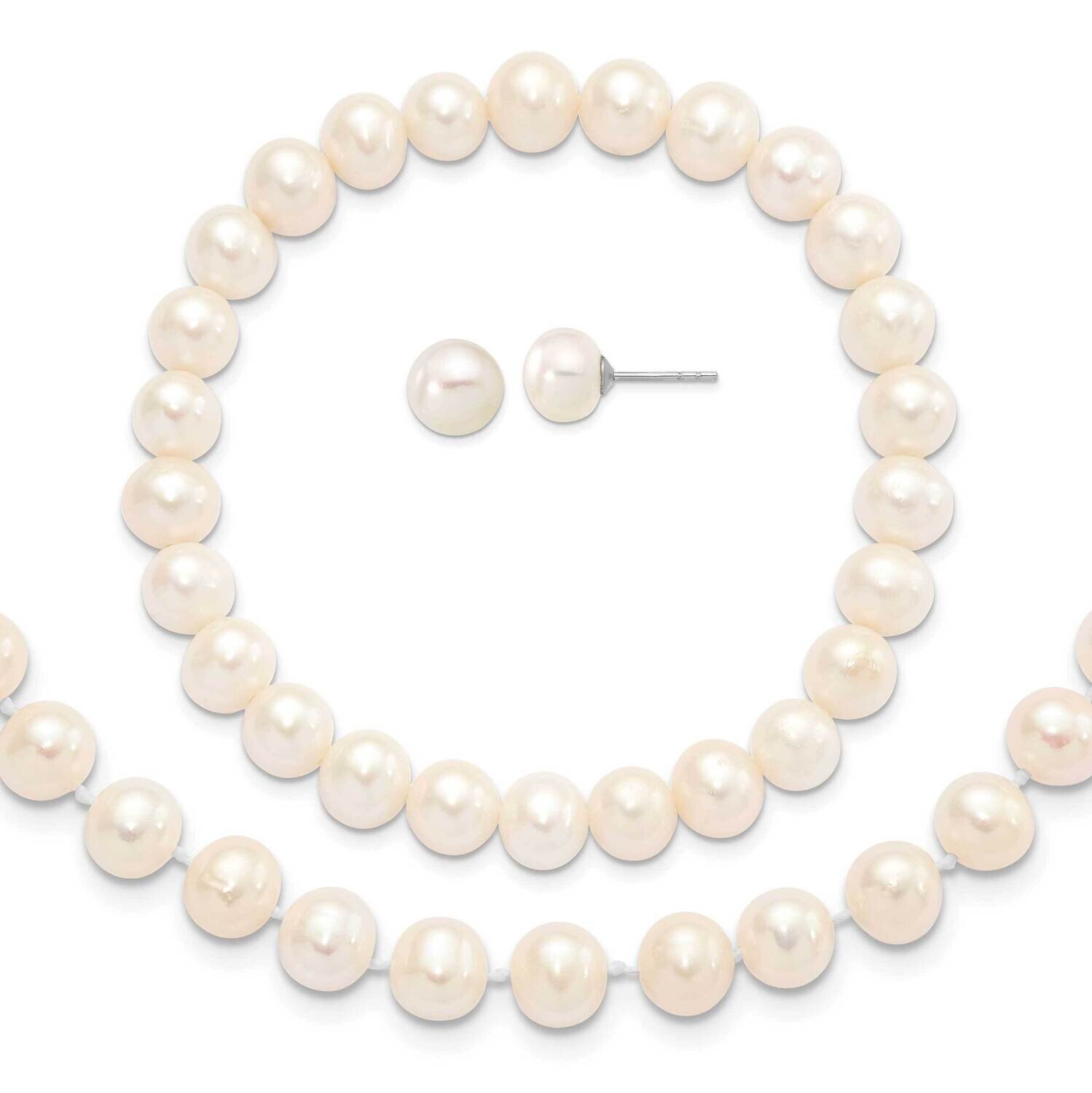 7-8mm White Cultured Freshwater Pearl Earring Bracelet Necklace Set Sterling Silver Rhodium-plated QH5636SET