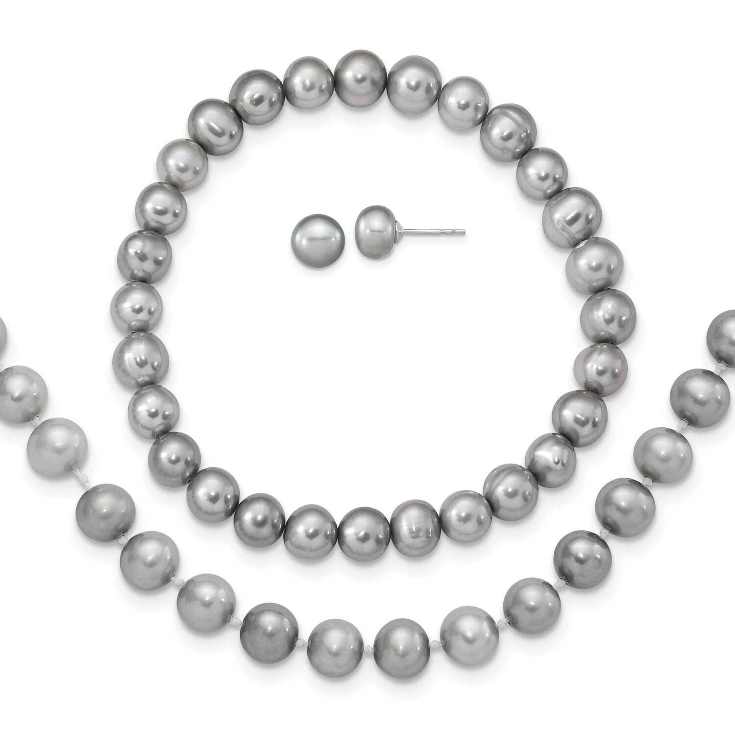 7-8mm Grey Cultured Freshwater Pearl Earring Bracelet Necklace Set Sterling Silver Rhodium-plated Q…