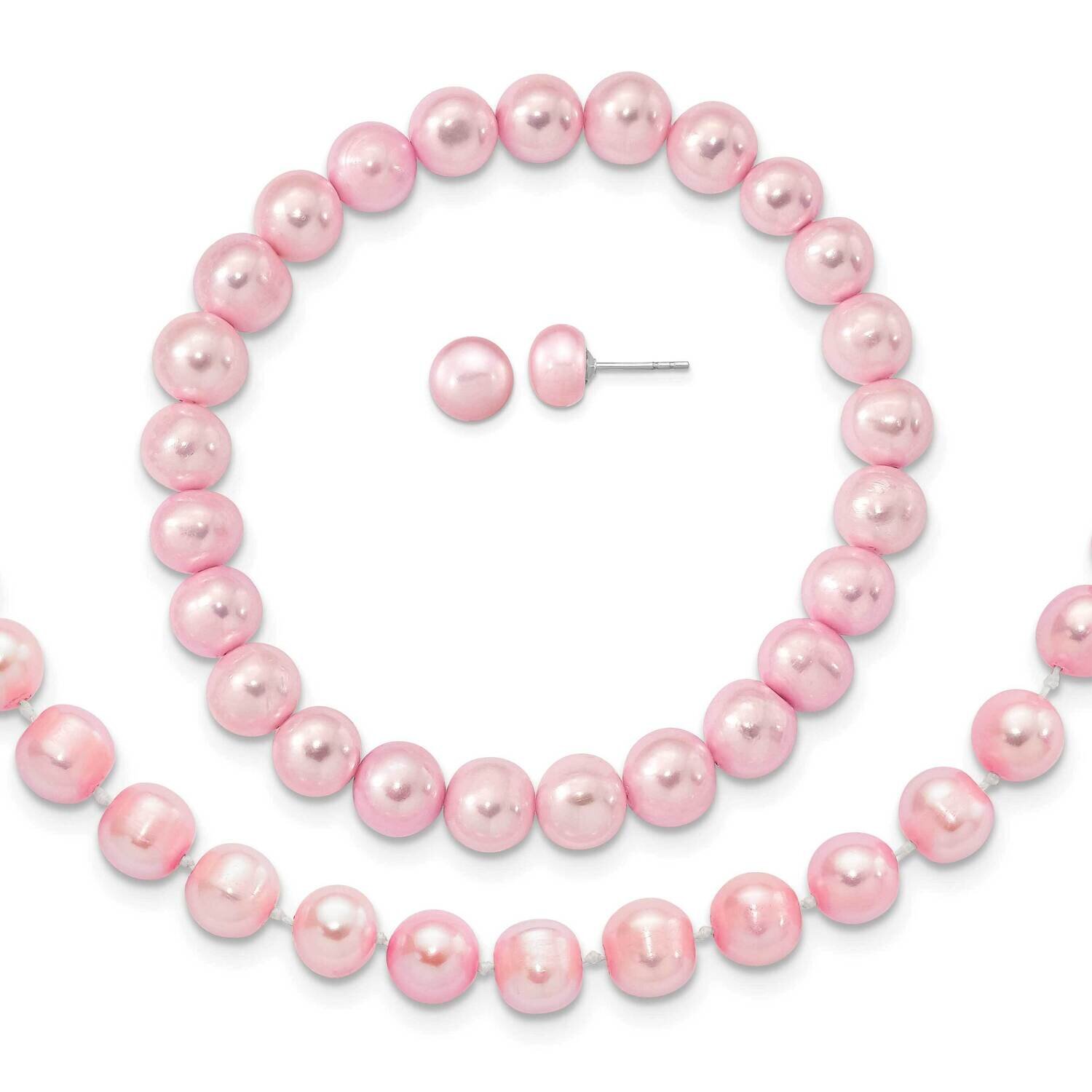 7-8mm Pink Cultured Freshwater Pearl Earring Bracelet Necklace Set Sterling Silver Rhodium-plated Q…