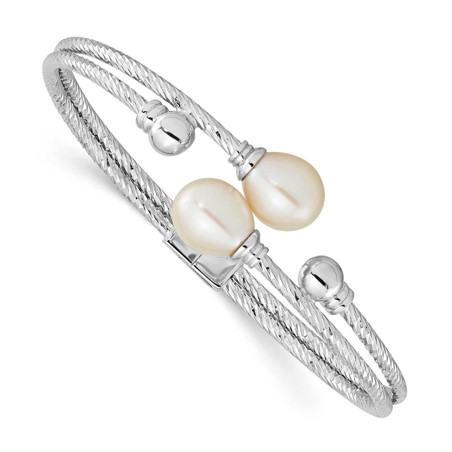8X10mm White Teardrop Cultured Freshwater Pearl Hinged Bangle Sterling Silver Rhodium-plated QH5644
