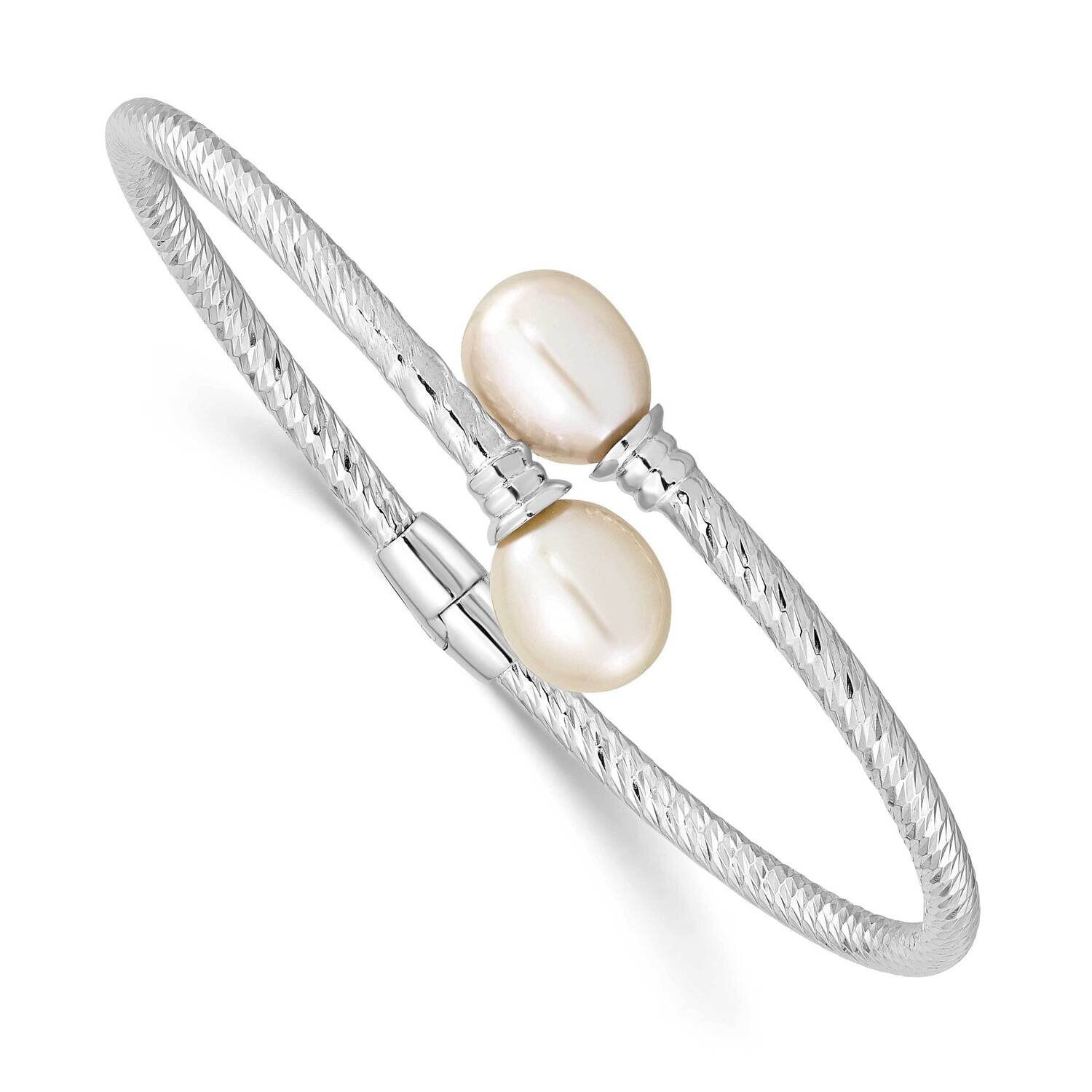 8-9mm White Rice Cultured Freshwater Pearl Hinged Bangle Sterling Silver Rhodium-plated QH5645