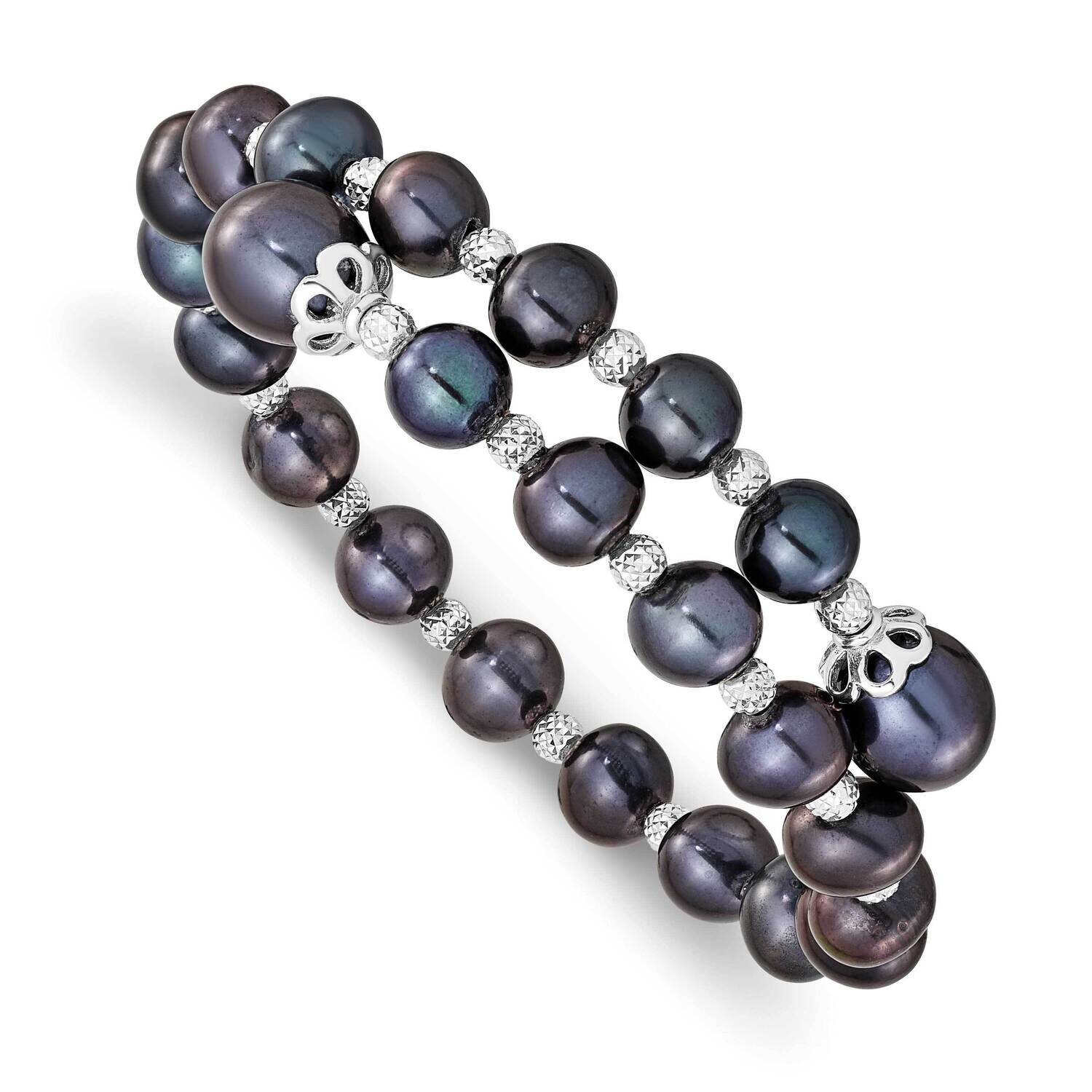 Diamond-Cut 7-9mm Black Rice/Off-Round Cultured Freshwater Pearl Wrap Bracele Sterling Silver Rhodi…