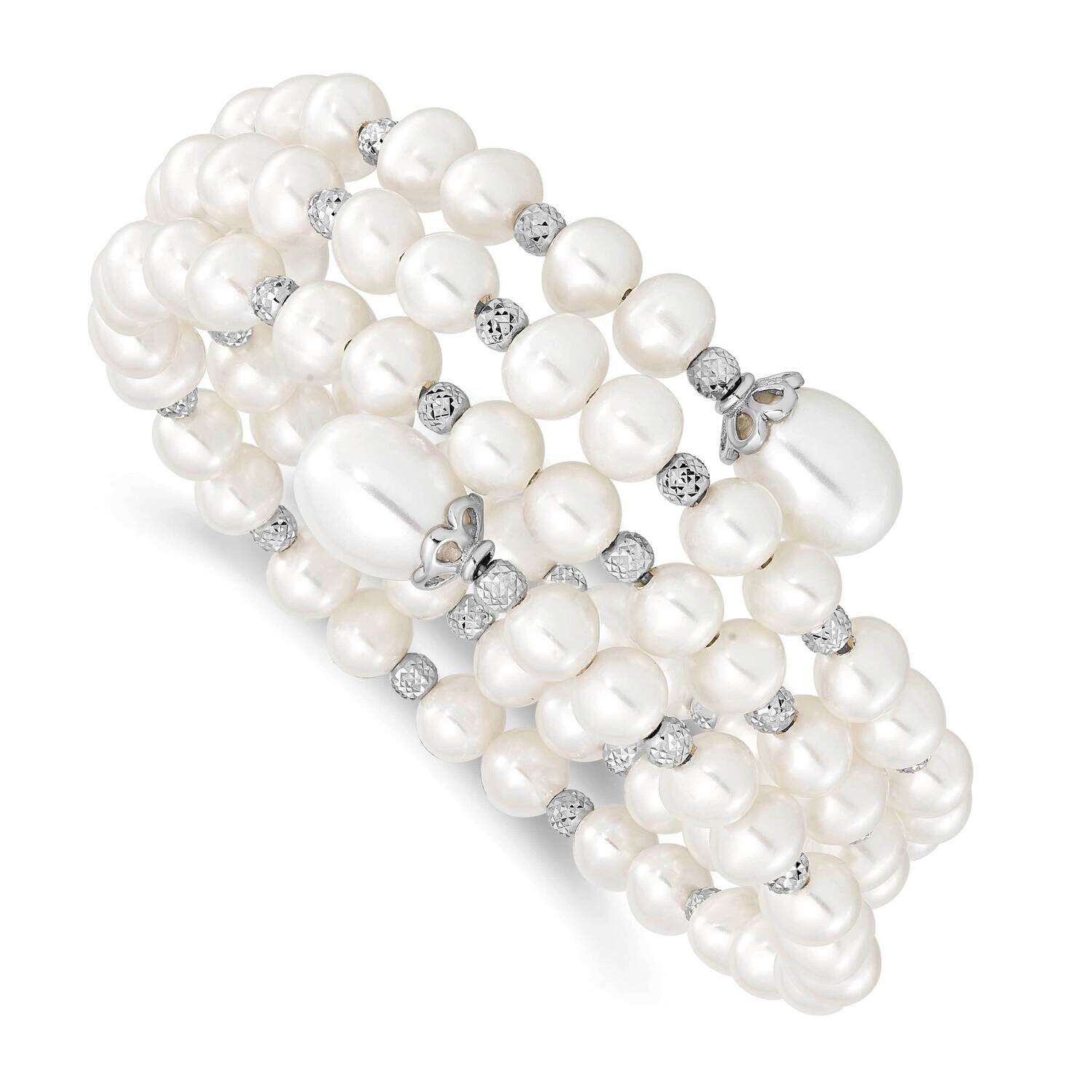 Diamond-Cut 6-11mm White Rice/Off-Round Cultured Freshwater Pearl Wrap Brace Sterling Silver Rhodiu…