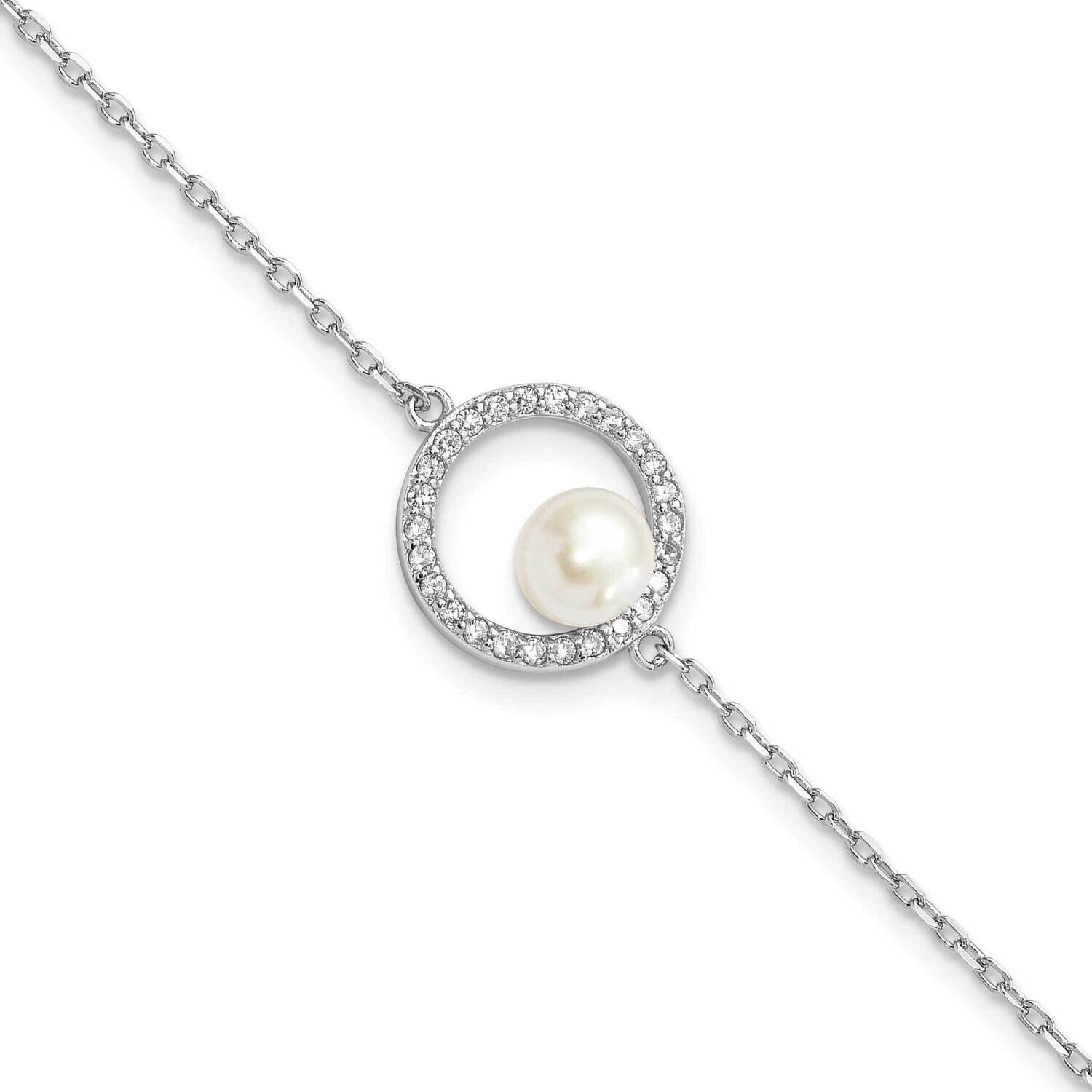 CZ Diamond 6-7mm White Button Cultured Freshwater Pearl with 1.25 Inch Extender Bracele Sterling Si…