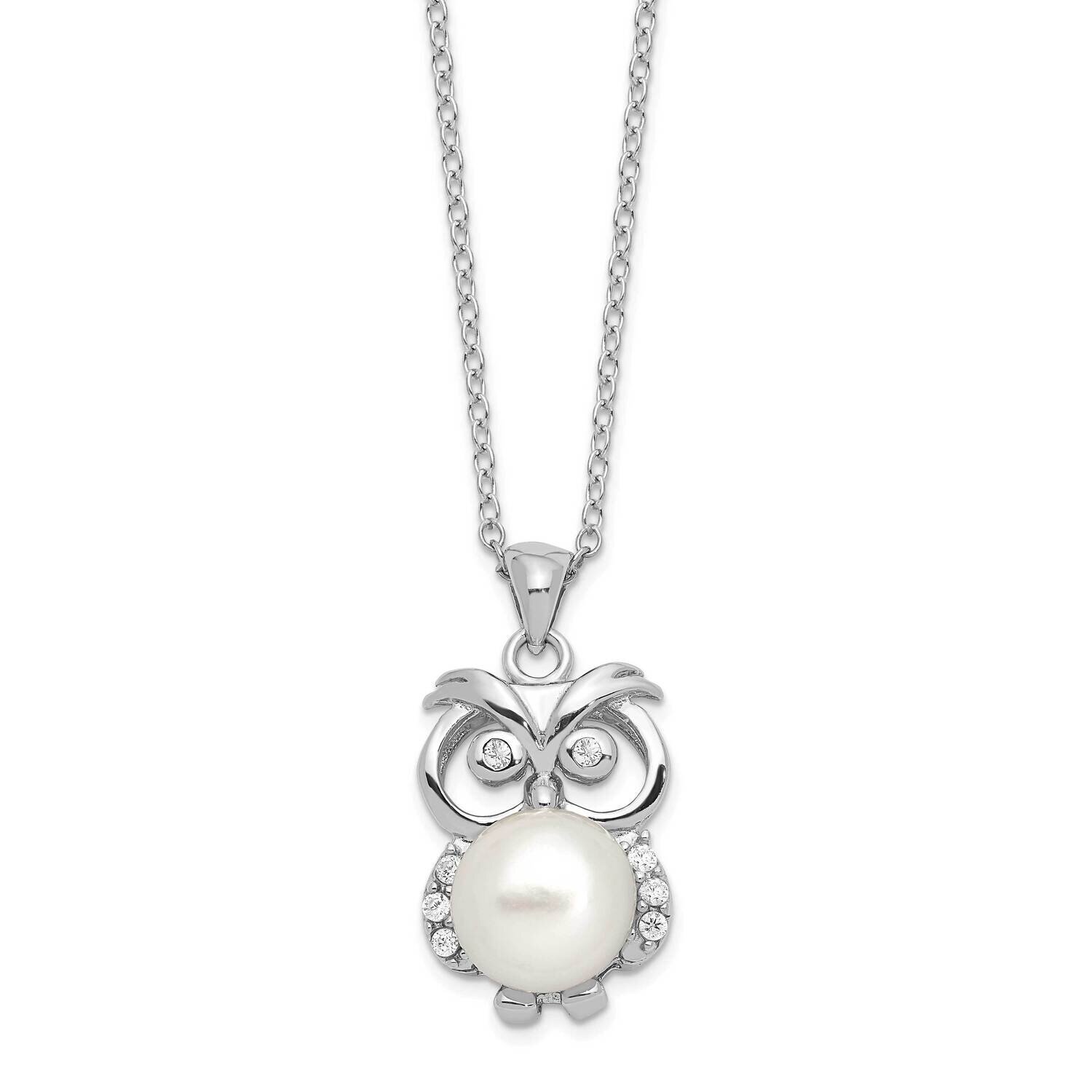 CZ Diamond 8-9mm White Button Cultured Freshwater Pearl Owl Necklace Sterling Silver Rhodium-plated…