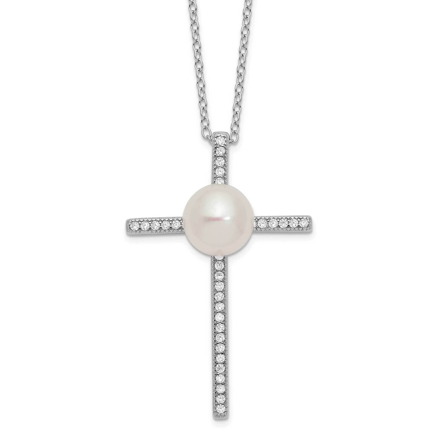 8-9mm Button Cultured Freshwater Pearl CZ Diamond Cross Necklace Sterling Silver Rhodium-plated QH5…