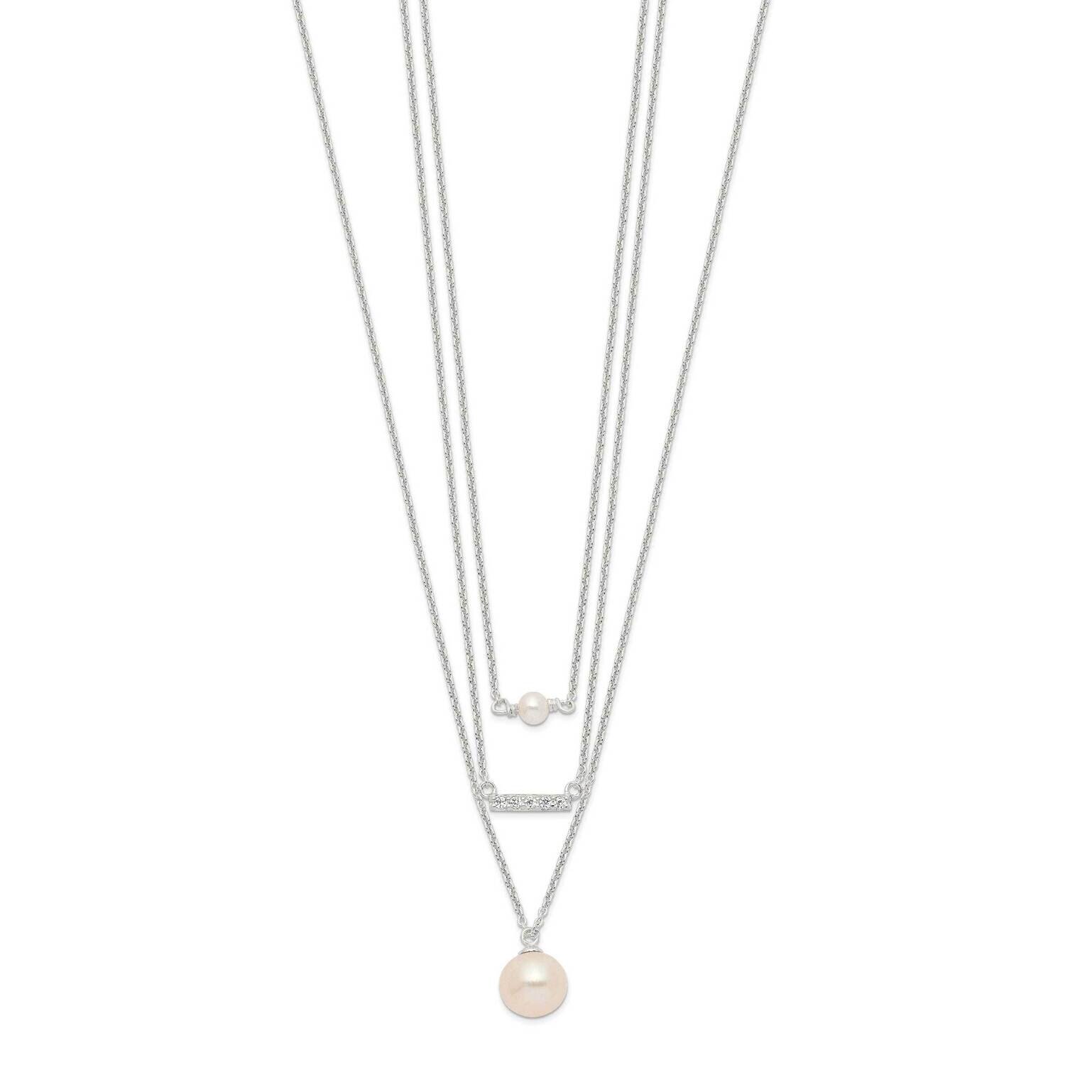 Multi Strand CZ Diamond and Glass Pearl Necklace Sterling Silver QH5665-18, MPN: QH5665-18, 1969041…