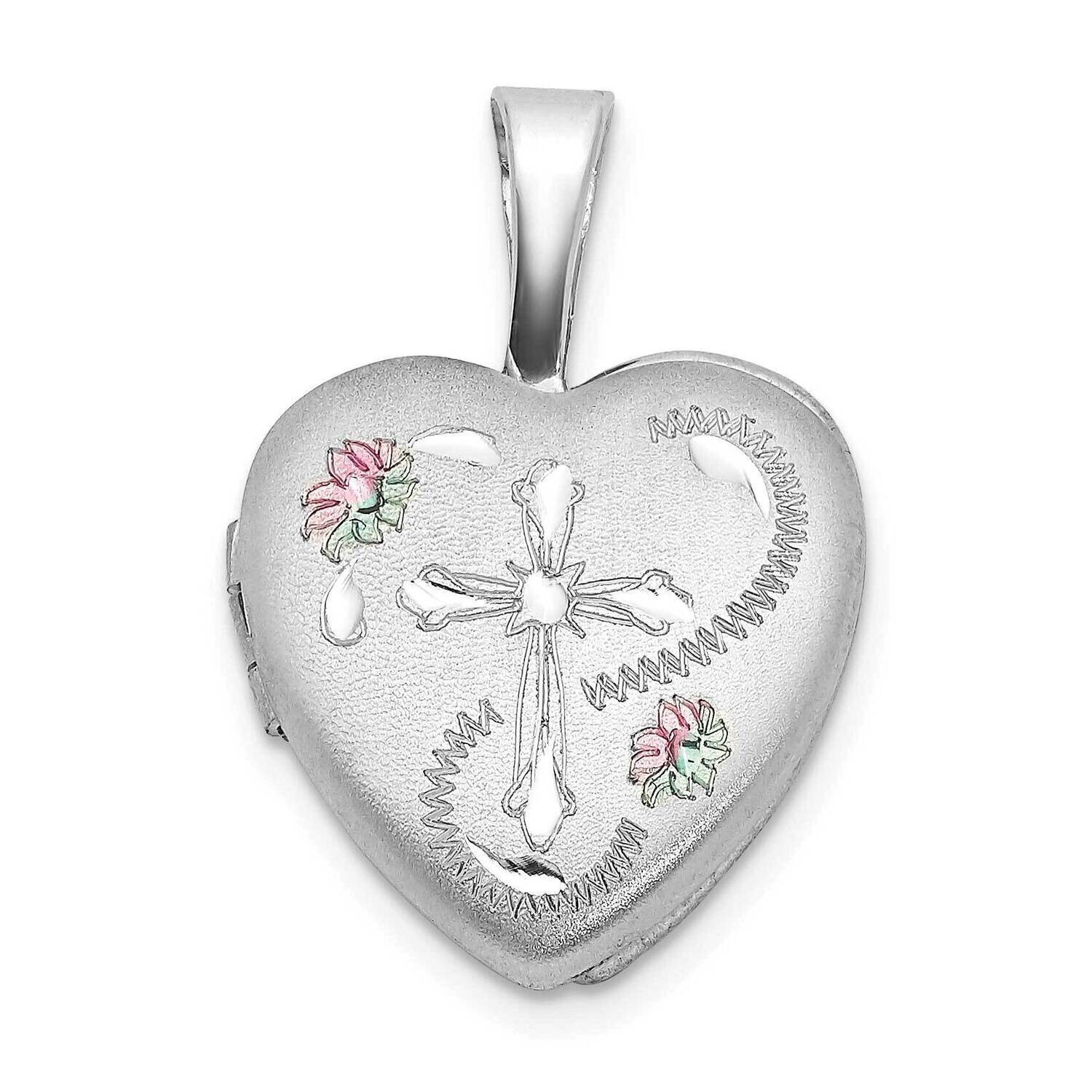 Diamond-Cut Cross Enameled Flower 12mm Heart Locket Sterling Silver Rhodium-plated QLS1039, MPN: QL…
