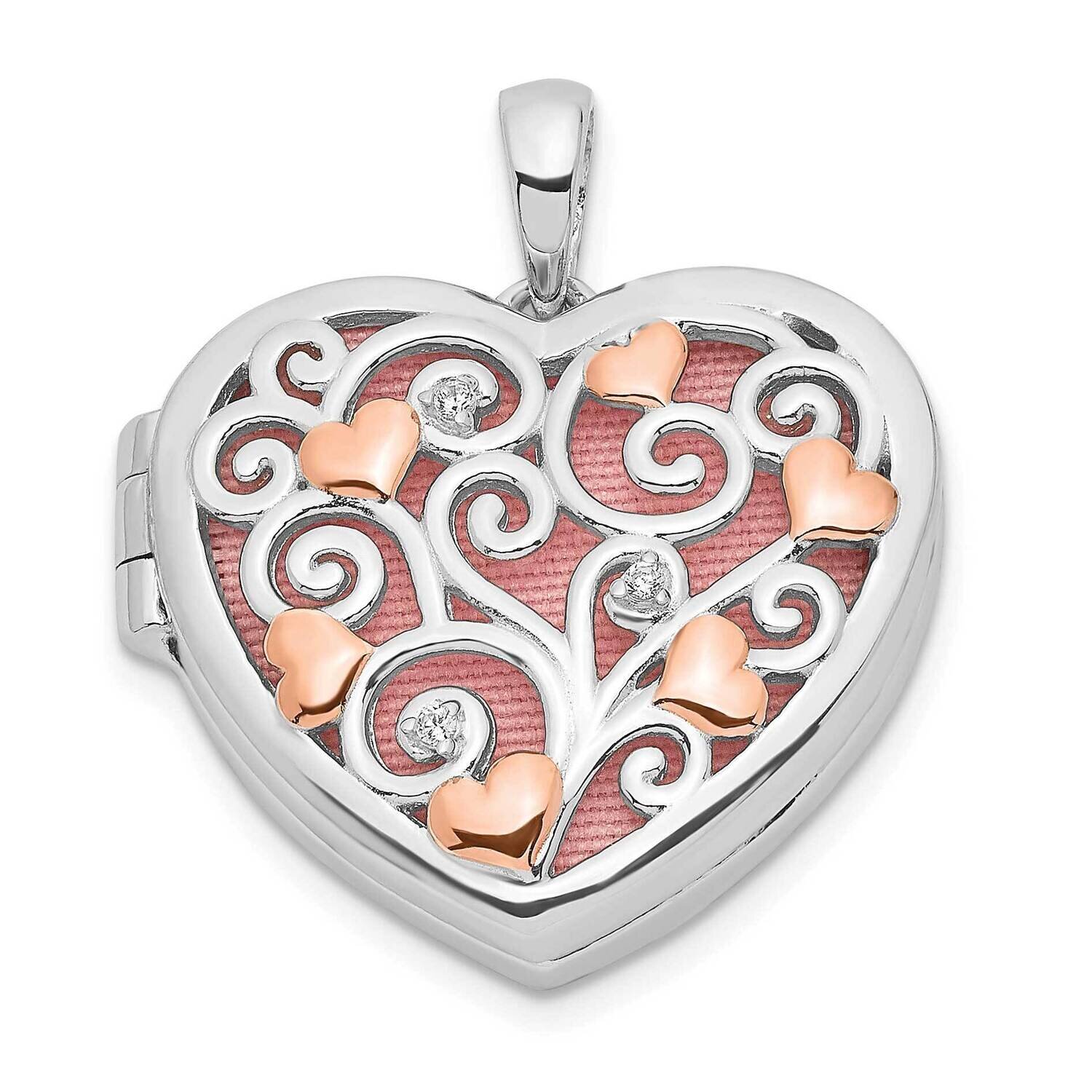 CZ Diamond Rose Rhodium Filigree 18mm Heart Locket Sterling Silver Rhodium-plated QLS1045, MPN: QLS…