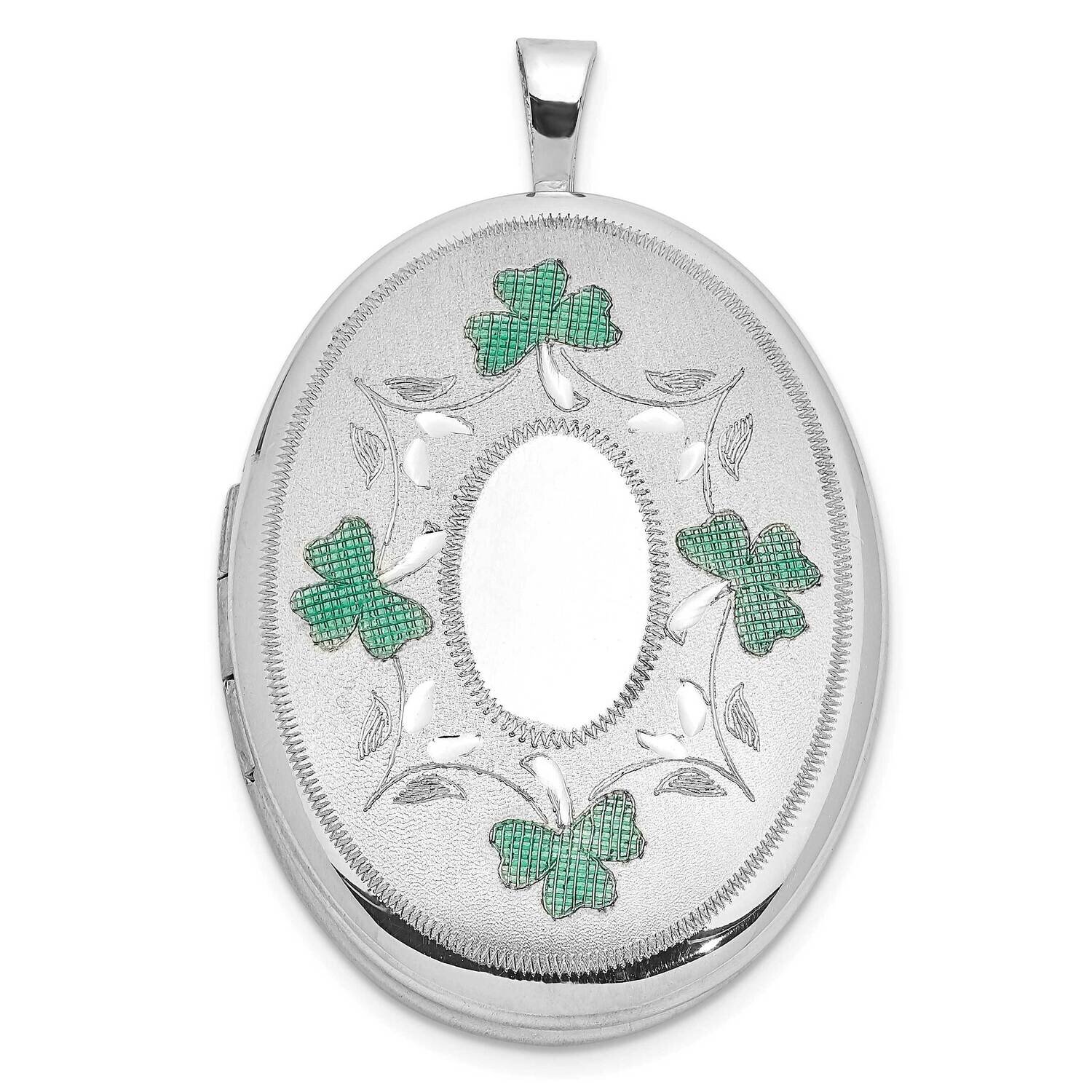 Satin Enamel Shamrock Border 26X20mm Oval Locket Sterling Silver Rhodium-plated QLS1058, MPN: QLS10…