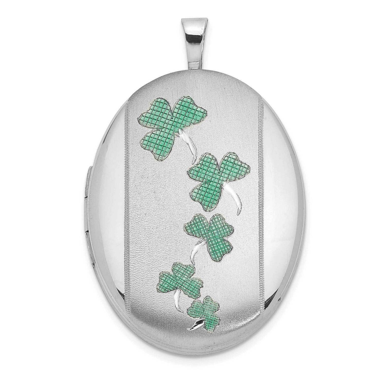 Satin Enameled Clovers 26X20mm Oval Locket Sterling Silver Rhodium-plated QLS1059, MPN: QLS1059,