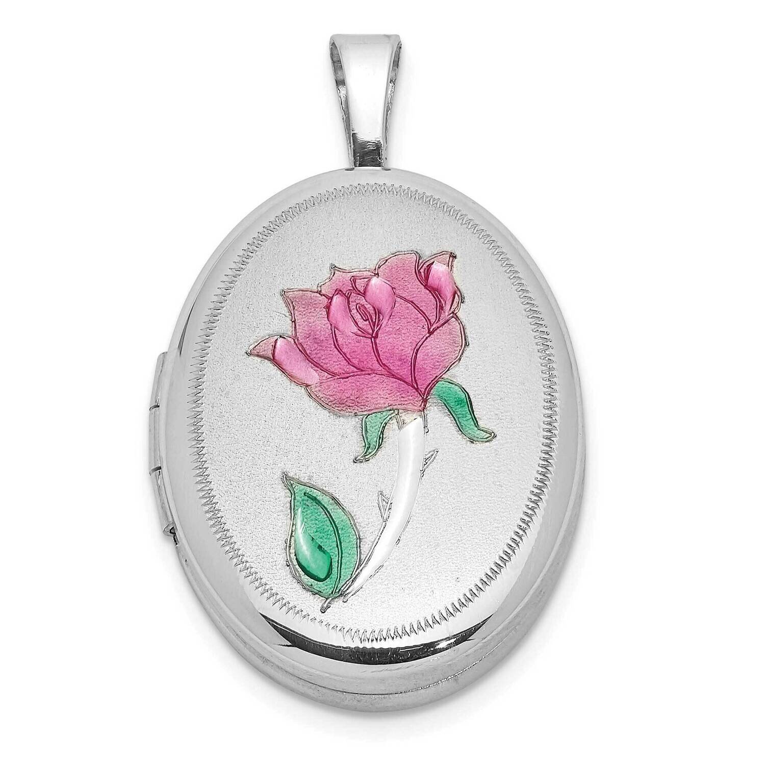 Enameled Rose 19X15mm Oval Locket Sterling Silver Rhodium-plated QLS1060