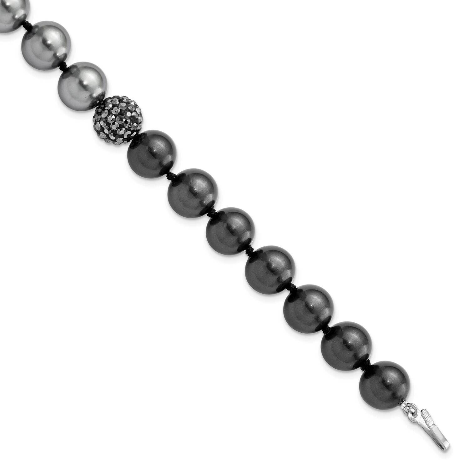 S Silver Majestik 10-11mm Dkgrey Black Imitation Shell Pearl Crystal Brac Sterling Silver Rhodium-p…
