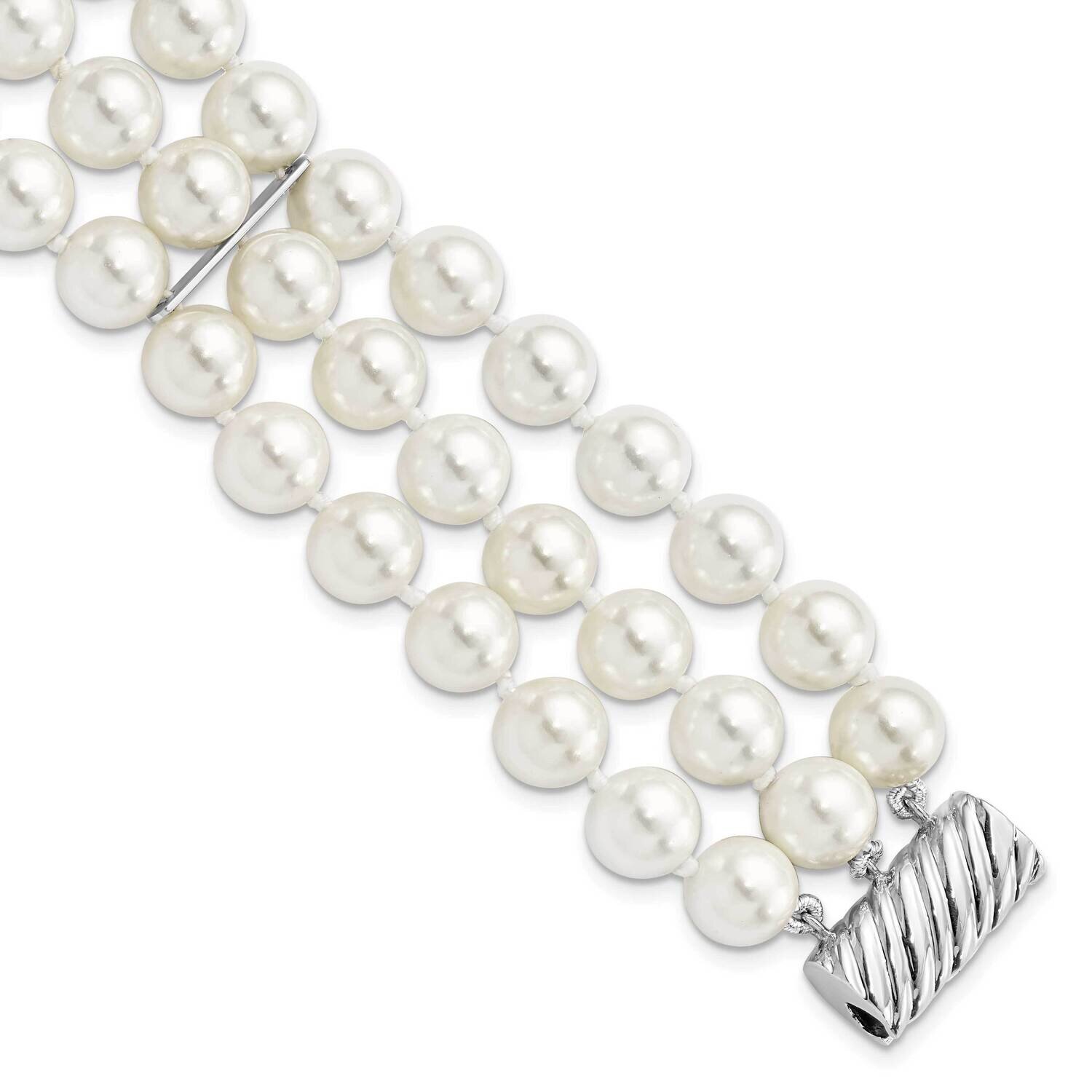 Majestik 8-9mm White Imitation Shell Pearl Multi-Strand Bra Sterling Silver Rhodium-plated QMJB38W-…