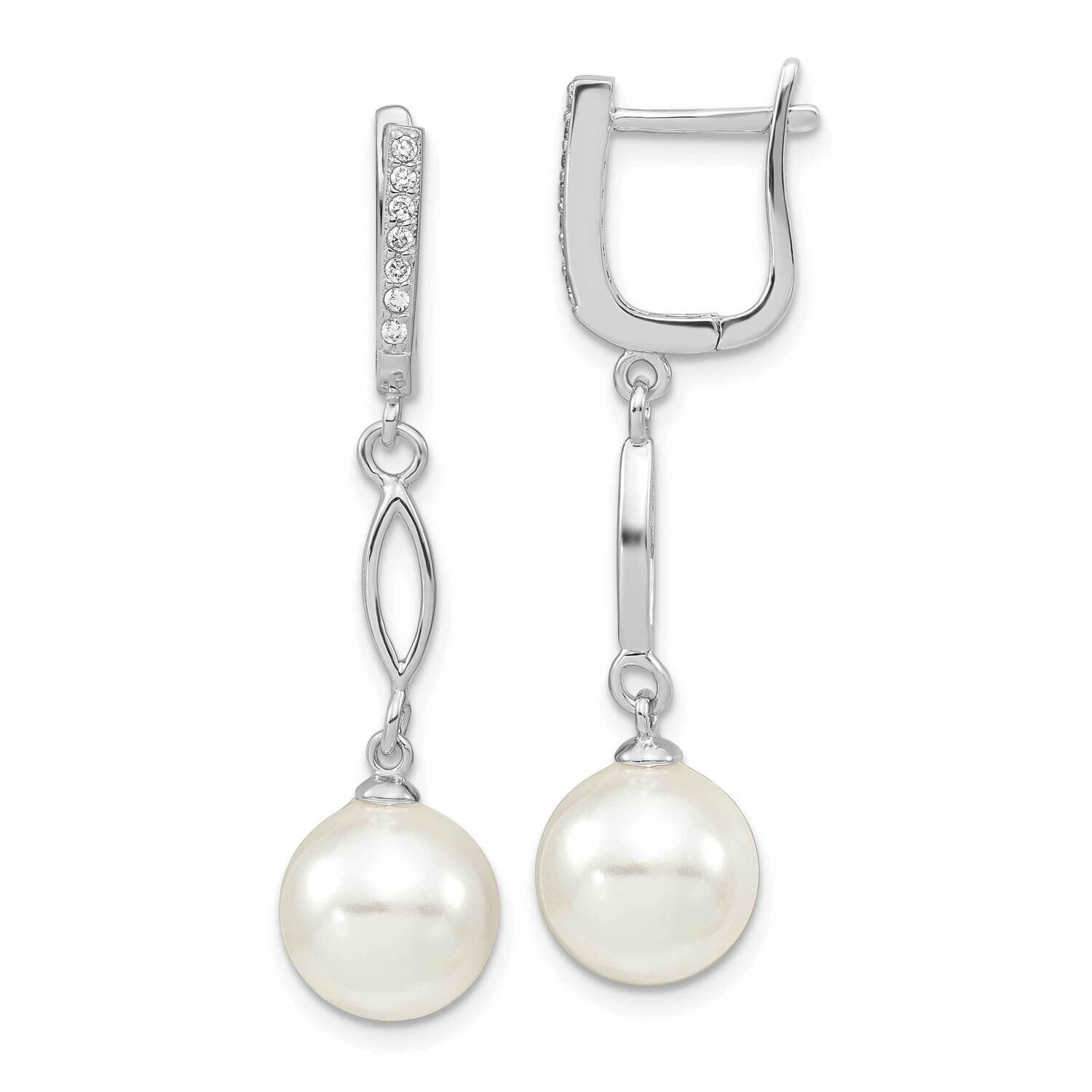 Majestik 10-11mm White Imitation Shell Pearl CZ Diamond Hoop Earrings Sterling Silver Rhodium-plate…