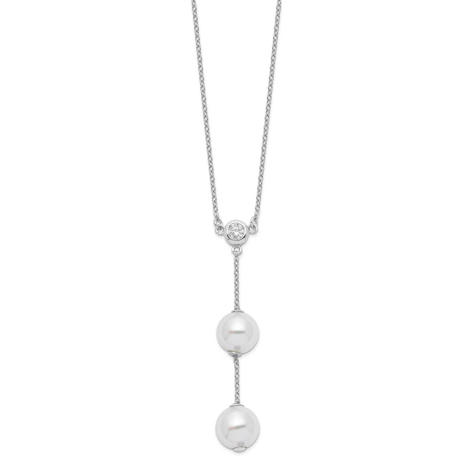 Majestik 10-11mm White Imitation Shell Pearl CZ Diamond Y-Drop Necklace Sterling Silver Rhodium-plated QMJN102WW-18